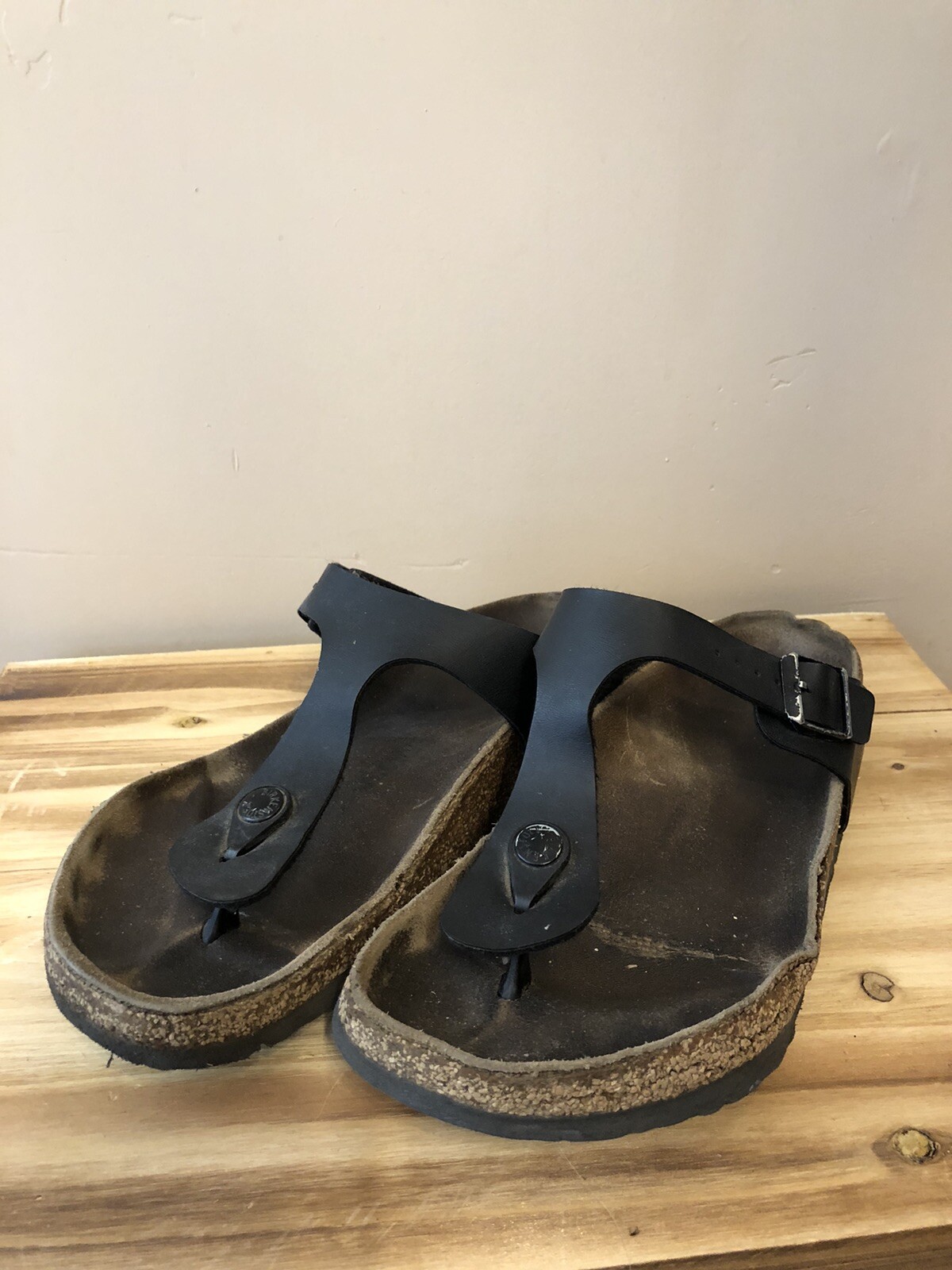 Birkenstock Gizeh Birko-Flor Thong Sandals Black Leather Cork SIZE 37