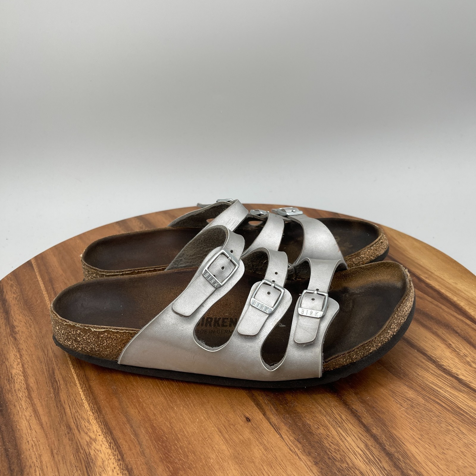 Birkenstock Florida Birko-Flor Sandals Womens Size 9 / 40 Silver Leather Casual
