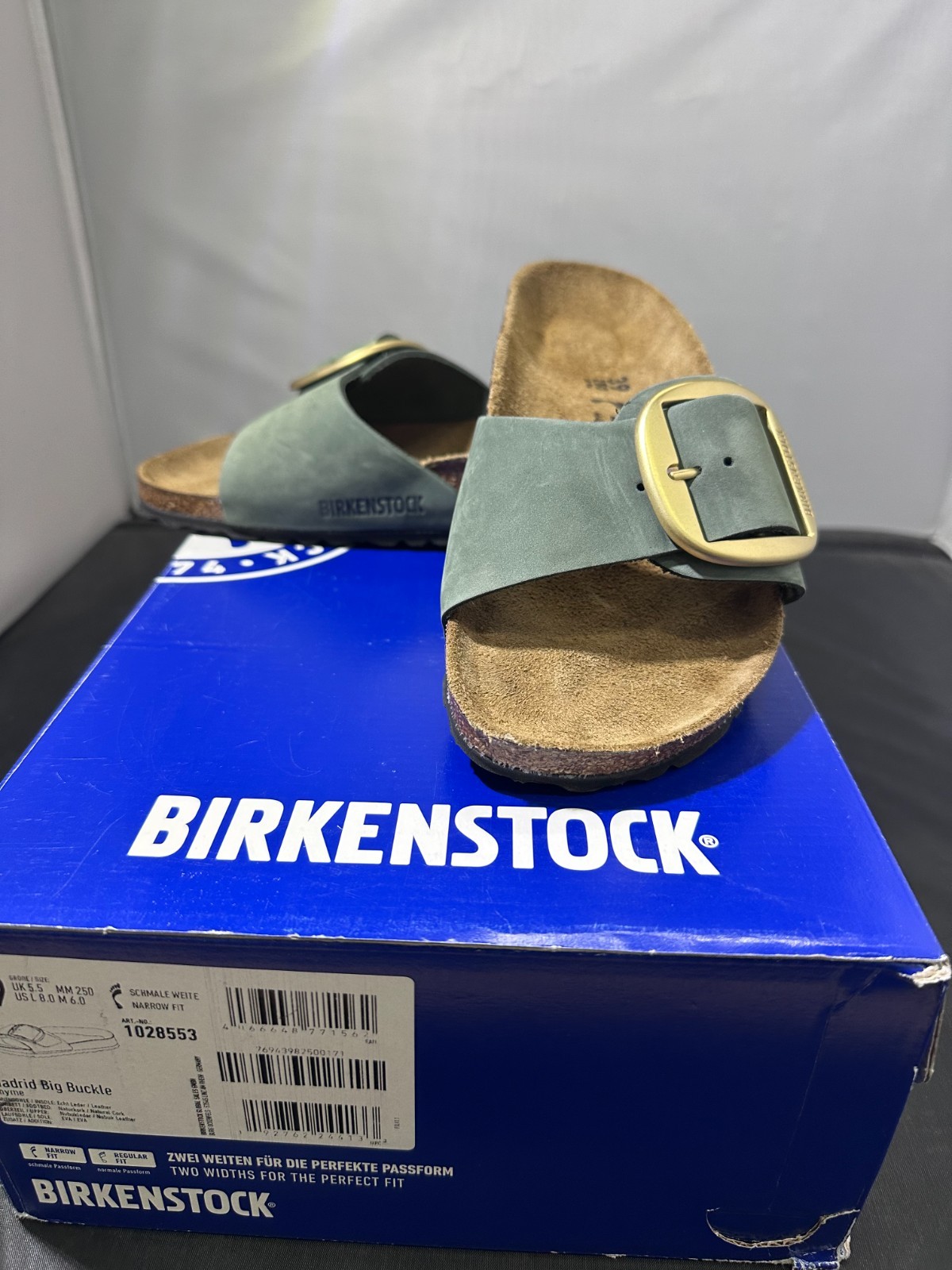 Birkenstock Madrid Big Buckle, Thyme Green Sandals, Narrow Fit, Ladies 8
