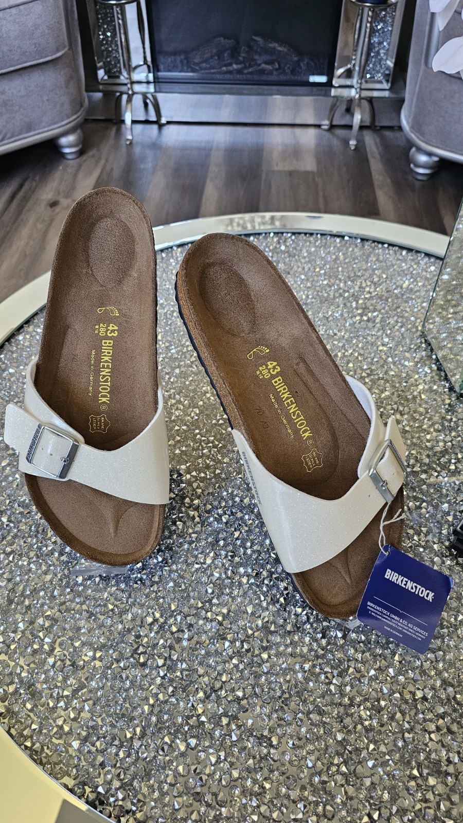 NWT BIRKENSTOCK MADRID SLIDES EU 43 WOMEN’S 12  CREAM SPARKLE