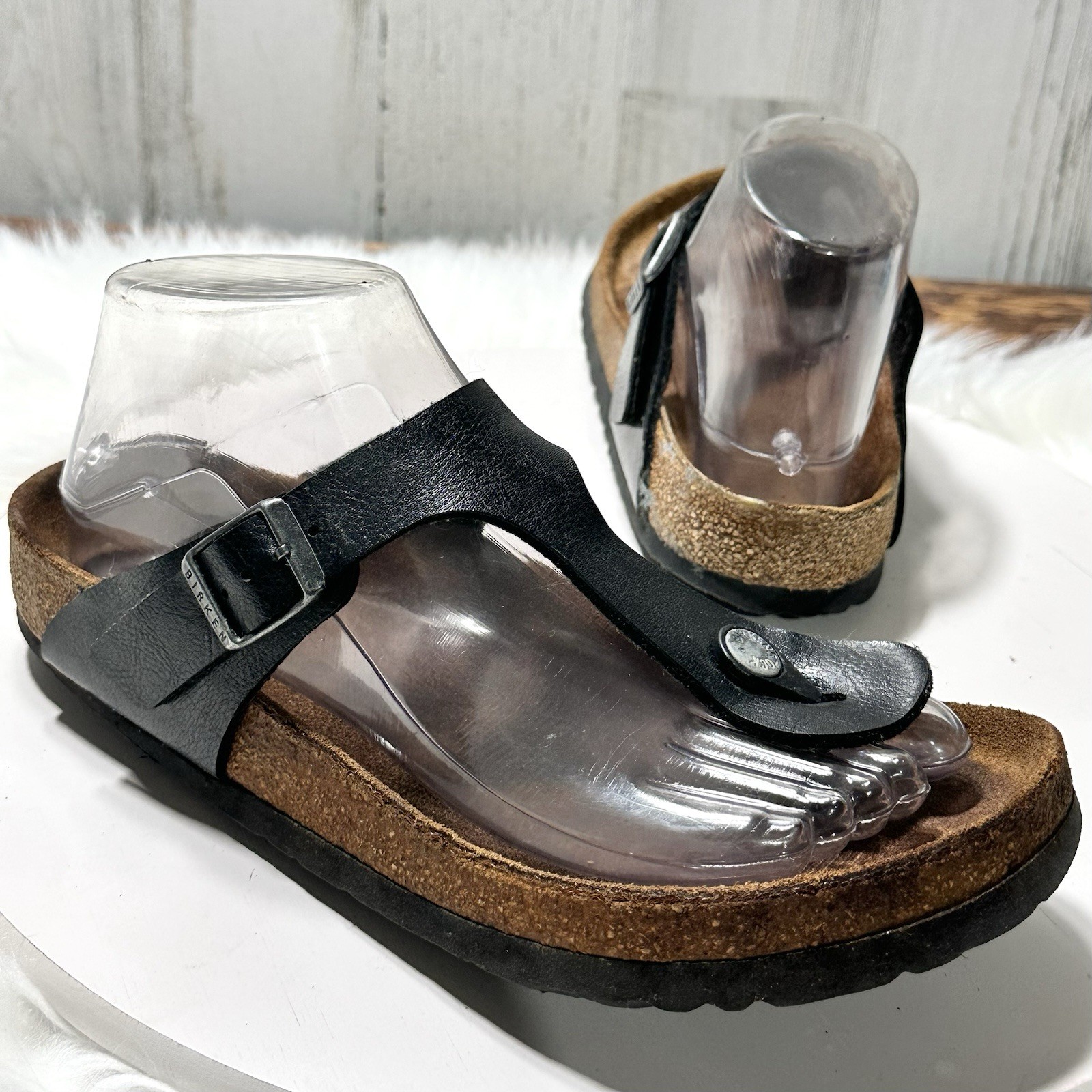 Birkenstock Gizeh Slide Thong Sandal Womens Black Leather Cork Sole Size 38 US 7