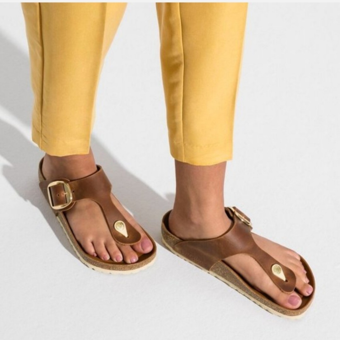Birkenstock Gizeh Big Buckle Cognac Brown Leather Thong Sandals Women Sz 7 / 38