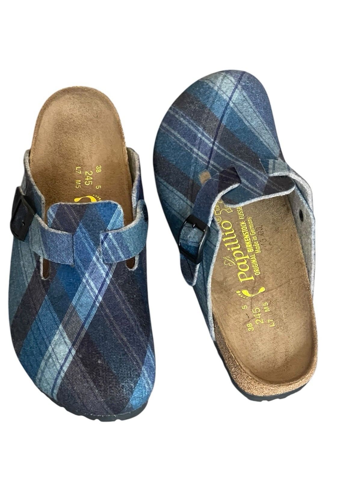 BIRKENSTOCK Papillio Boston Sandals Blue Tartan Wool Clogs Size 7