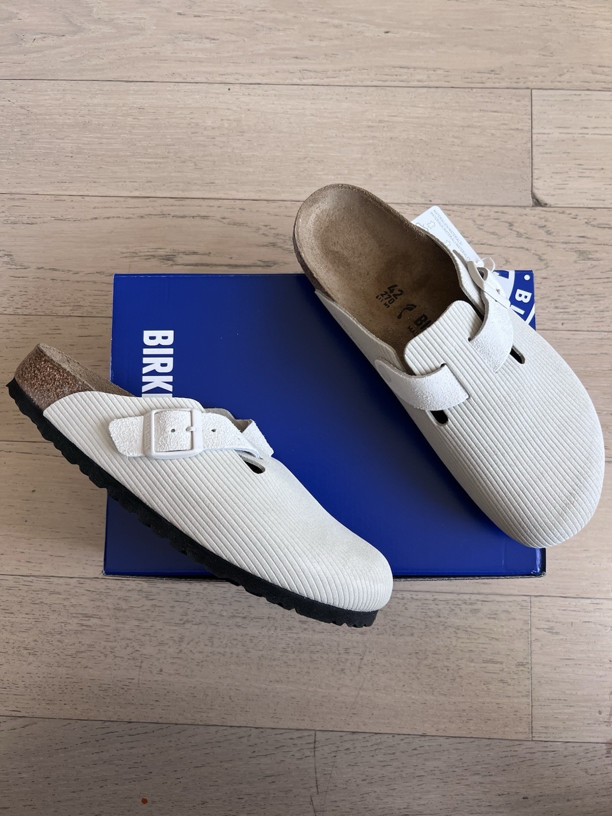 BIRKENSTOCK Boston Clog Mule Slip On CORDUROY SUEDE Antique White 1774 Stussy 42