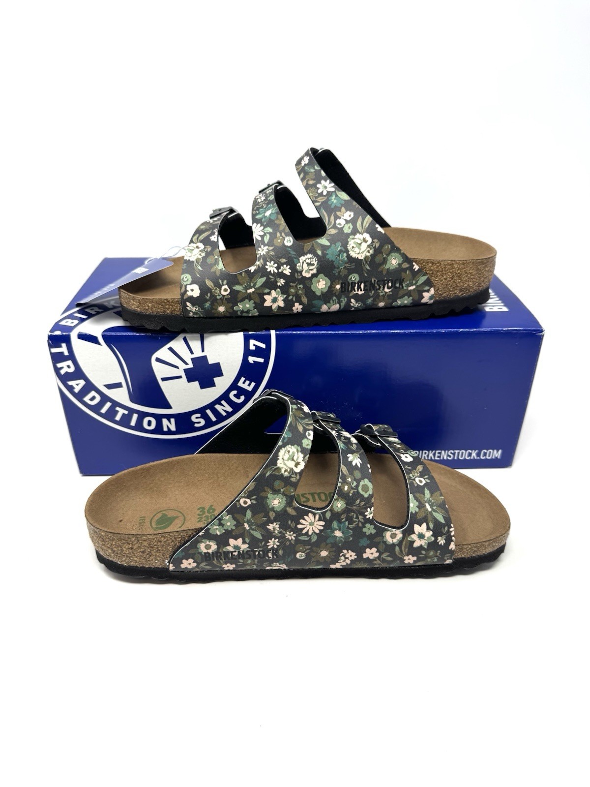 BIRKENSTOCK Florida Fresh Vegan Sandals Magical Flower Dark Teal RARE 36 Narrow