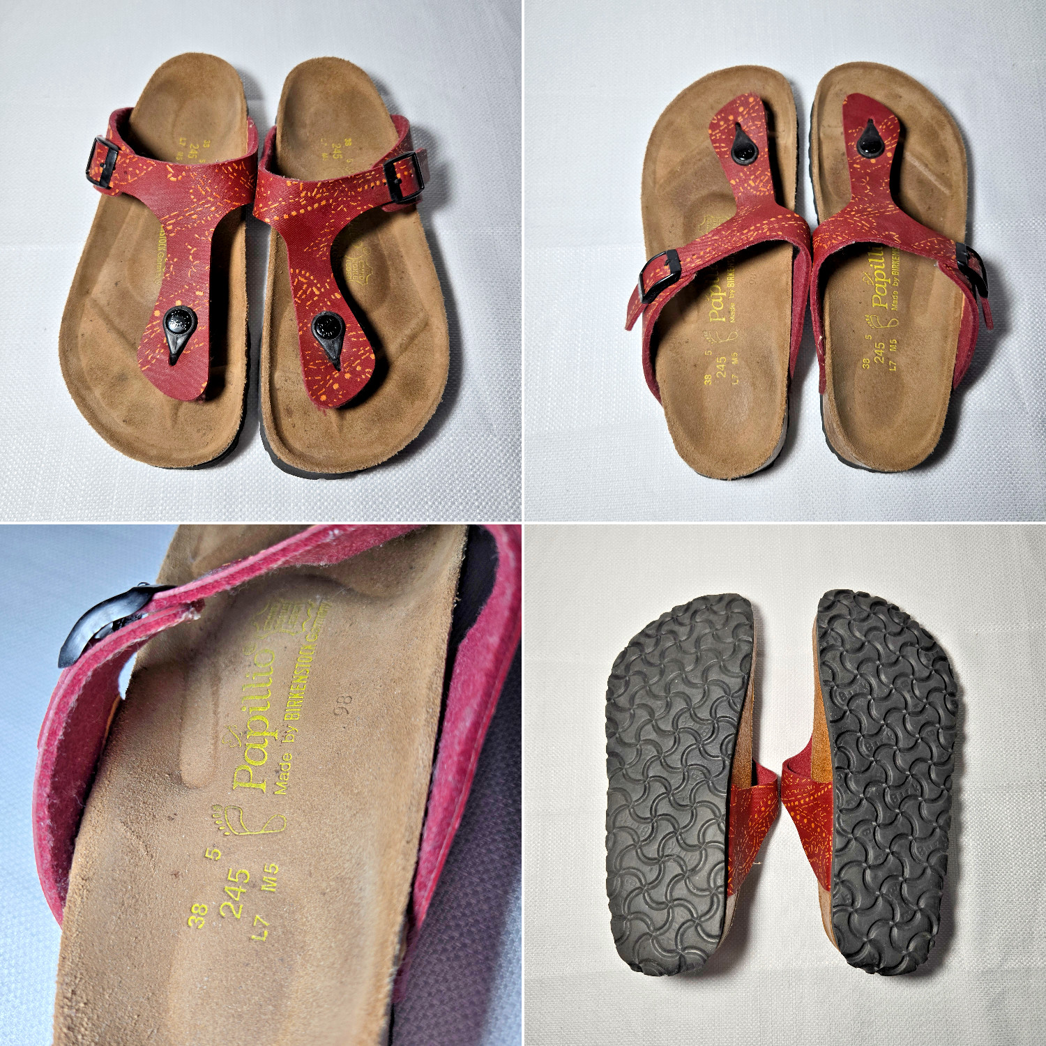 Birkenstock Papillio Red Abstract Print T-Strap Sandals | Sz 38 US 7 Regular Fit