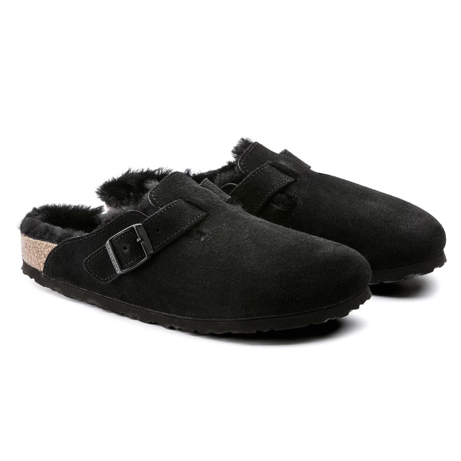 New Birkenstock Boston Shearling Suede Leather Black Cork Narrow Women’s slipper