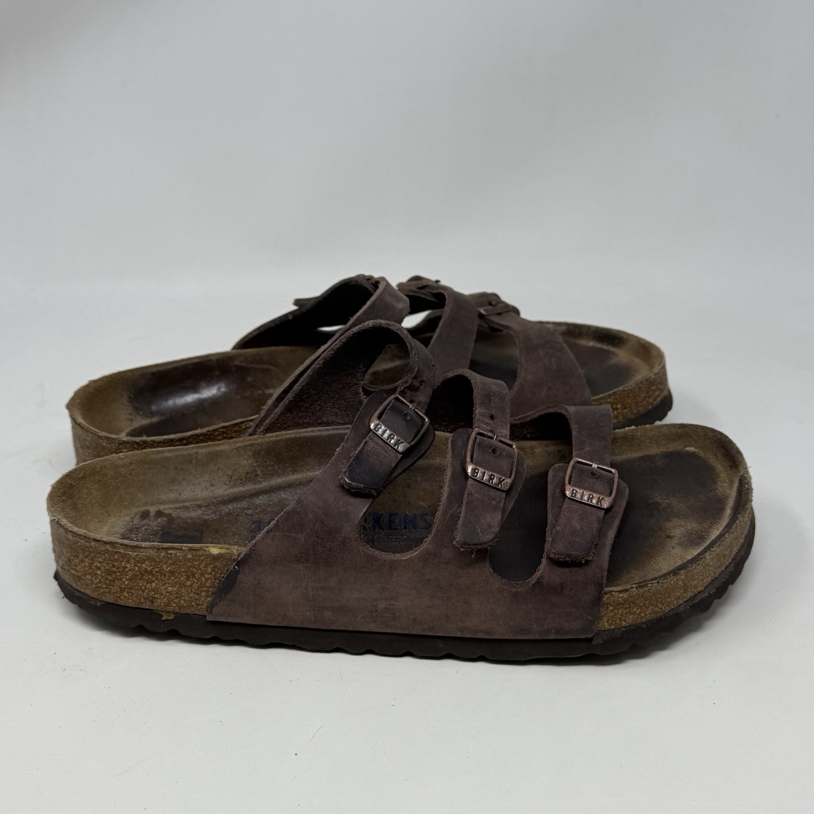Birkenstock Florida Sandals Womens 7 EU 38 Brown Leather 3 Strap Casual Preppy