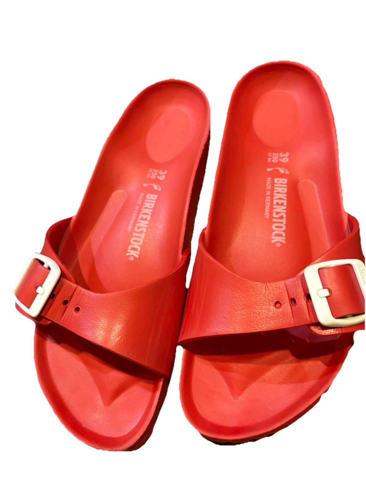 Birkenstock Madrid Big Buckle EVA in a red colorway.  Straps Lightweight Size 39