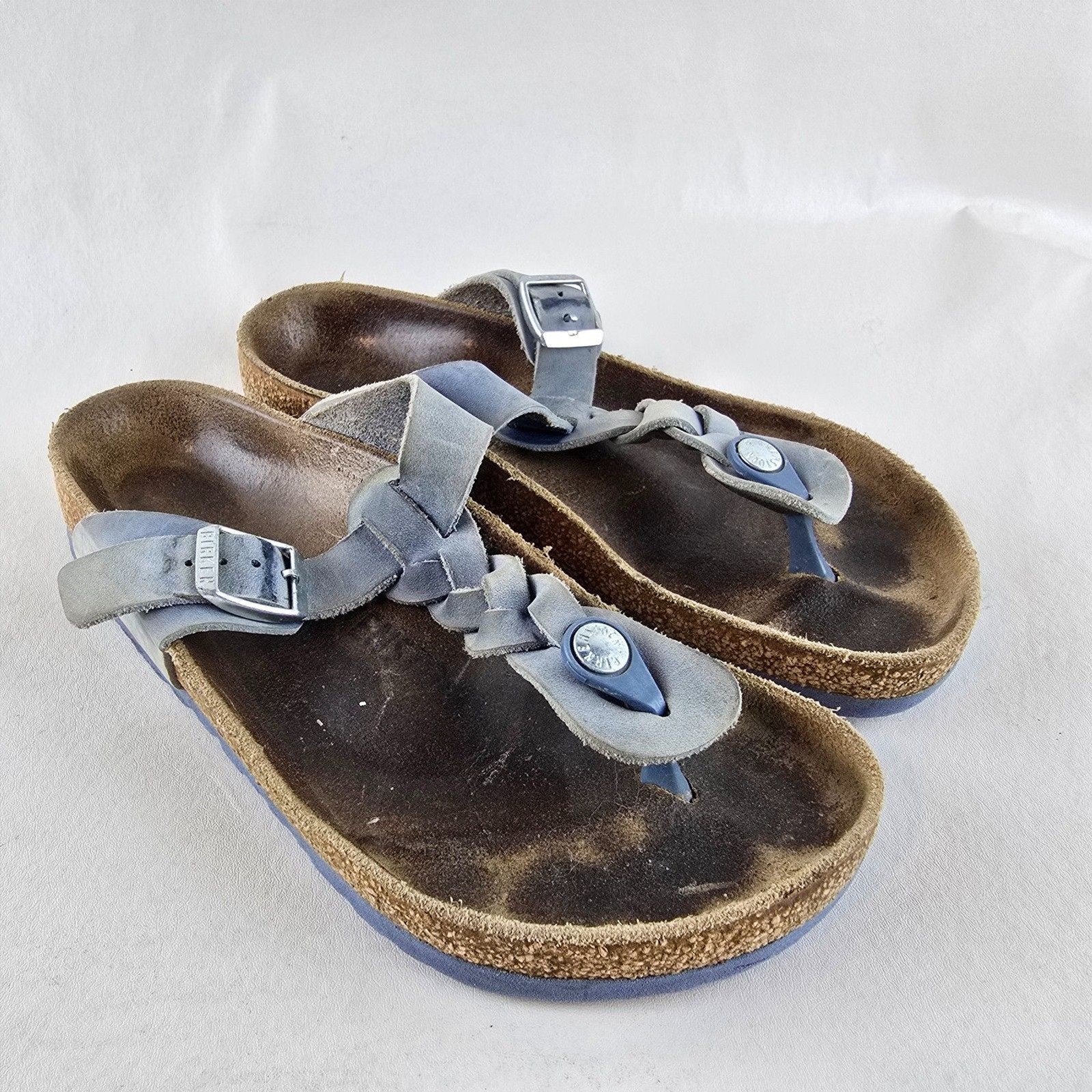 Birkenstock Gizeh Women 36 5 5.5 Blue Suede Leather Sandals Cork Footbed Comfort