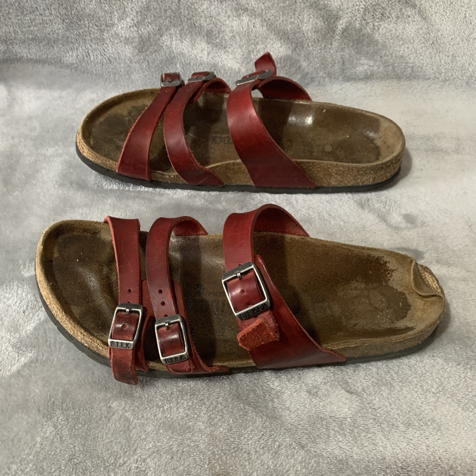 Birkenstock Womens Sandals Size 9 Florida Red Leather 3-Strap Buckle Slide Boho