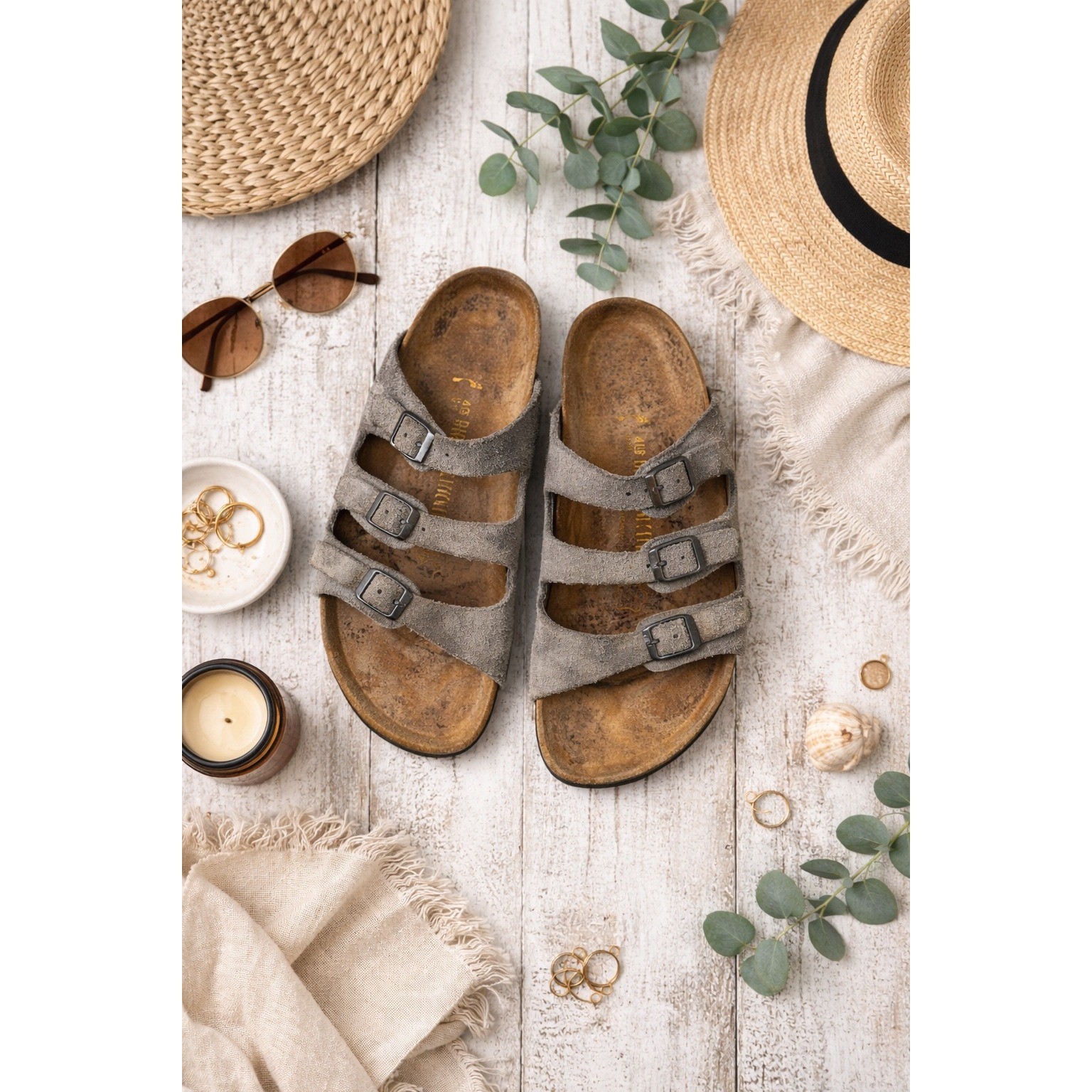 Birkenstock Florida Fresh Natural Grey Suede 3 Strap Sandals Womens 9/9.5 EU 40