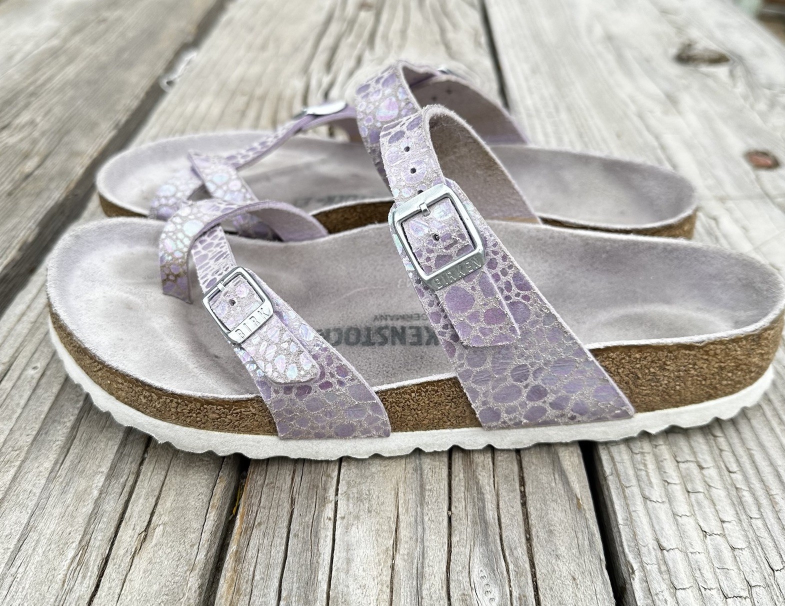 RARE Birkenstock Mayari Lavender Metallic Stones Sandals 39 / 8-8.5 R White Sole