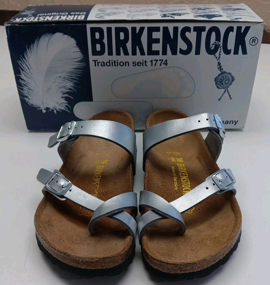 Birkenstock Mayari Birko-Flor Criss-Cross Straps Silver Sandals Women’s Sz. 5