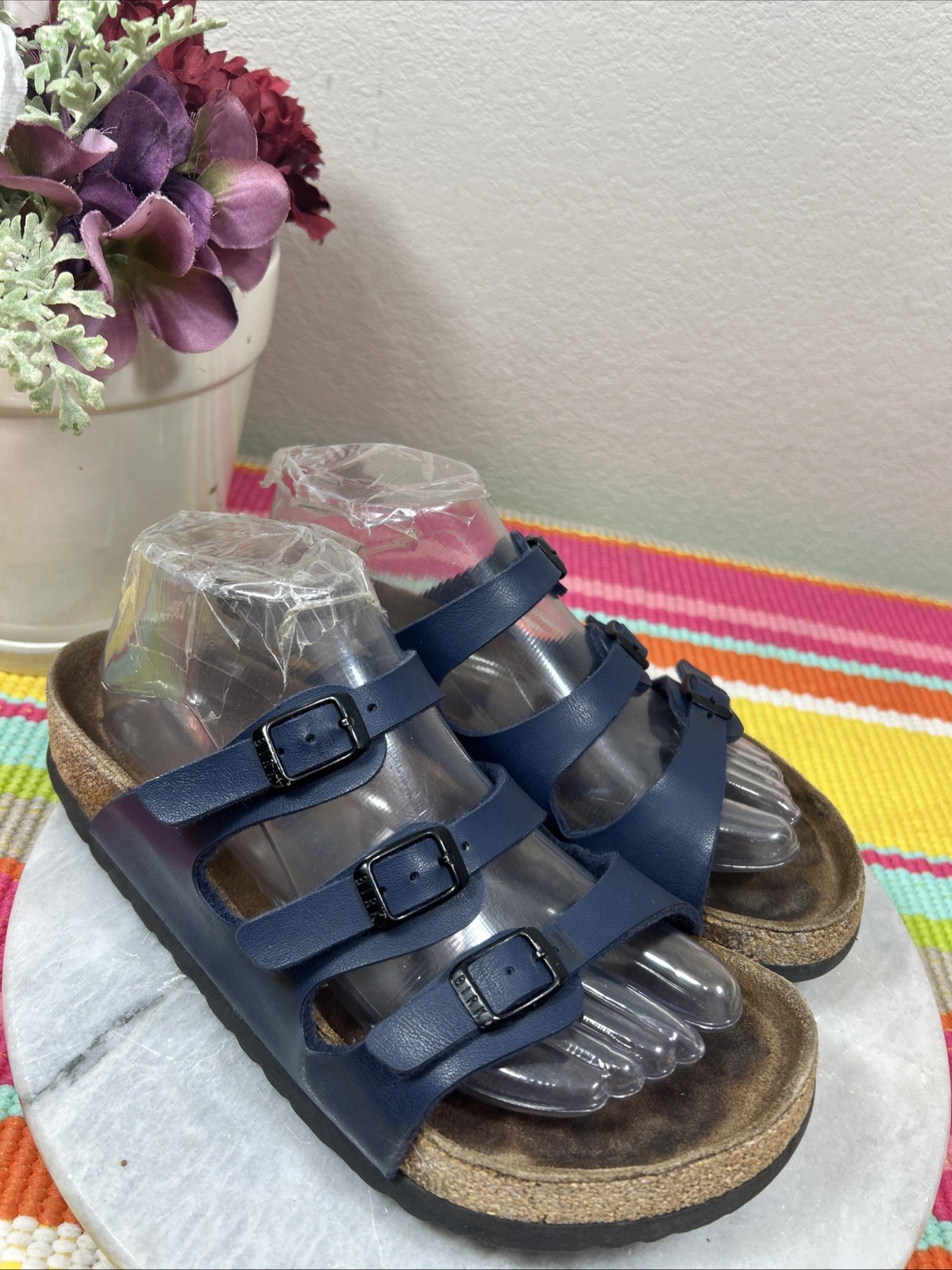 Birkenstock Florida Blue Leather Triple Straps Slides Sandals Women’s EU 39 US 8