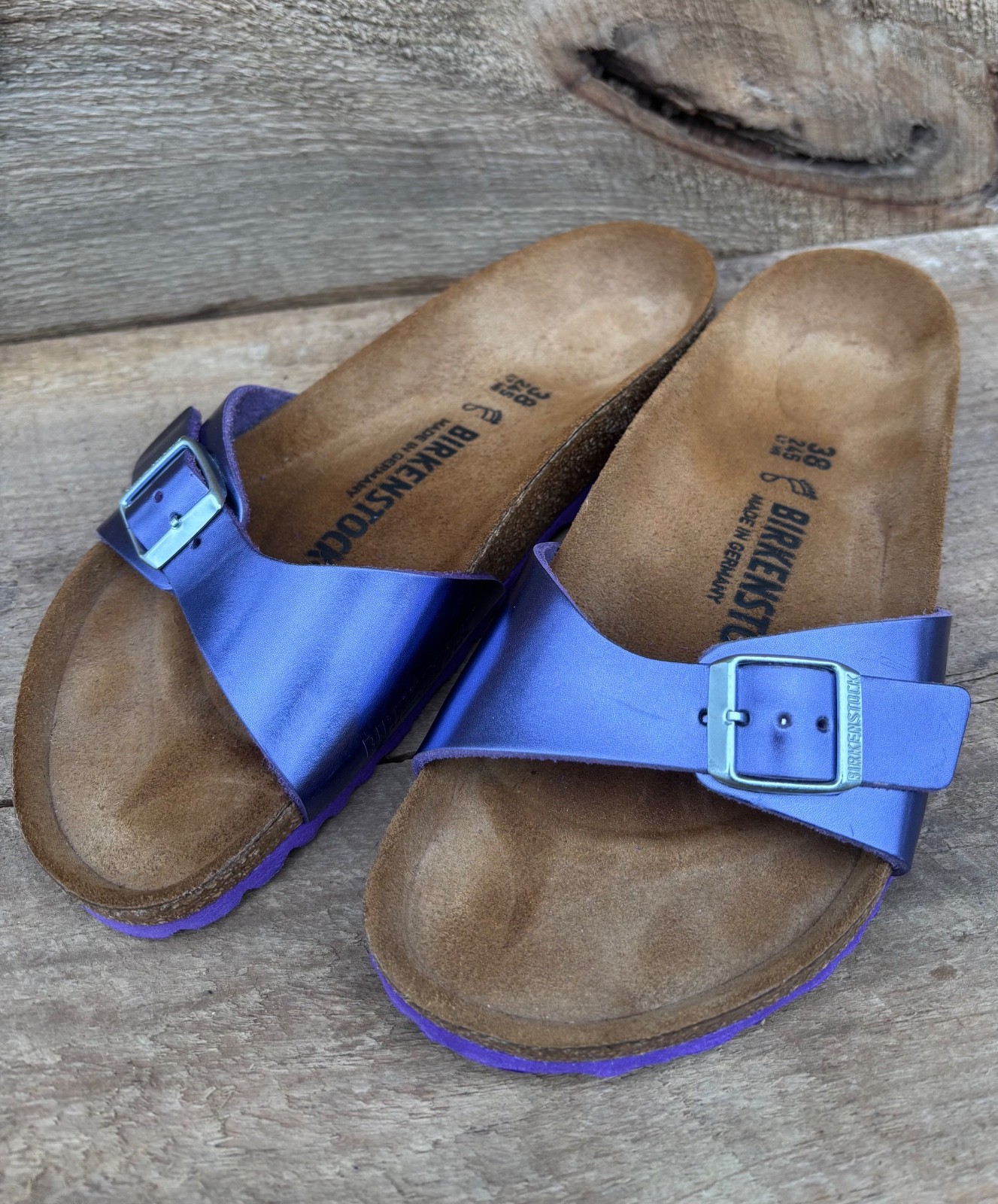 Birkenstock (38/7-7.5) MADRID Purple Metallic Leather Sandals Slides One-Strap