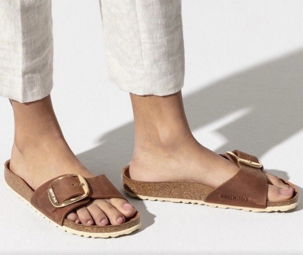BIRKENSTOCK MADRID BIG BUCKLE SLIDE SANDAL COGNAC LEATHER- SZ 6-6.5US/ 37EU