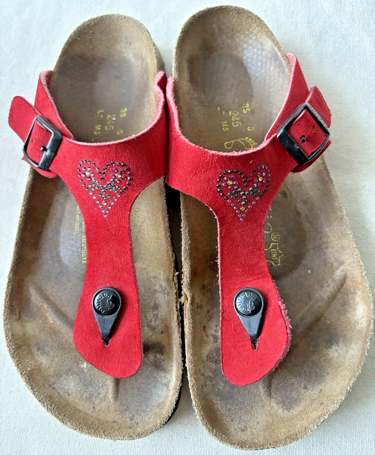 Birkenstock Papillio Sandals Size 38/ 7 Red Suede Thong w/Glittery Hearts EUC