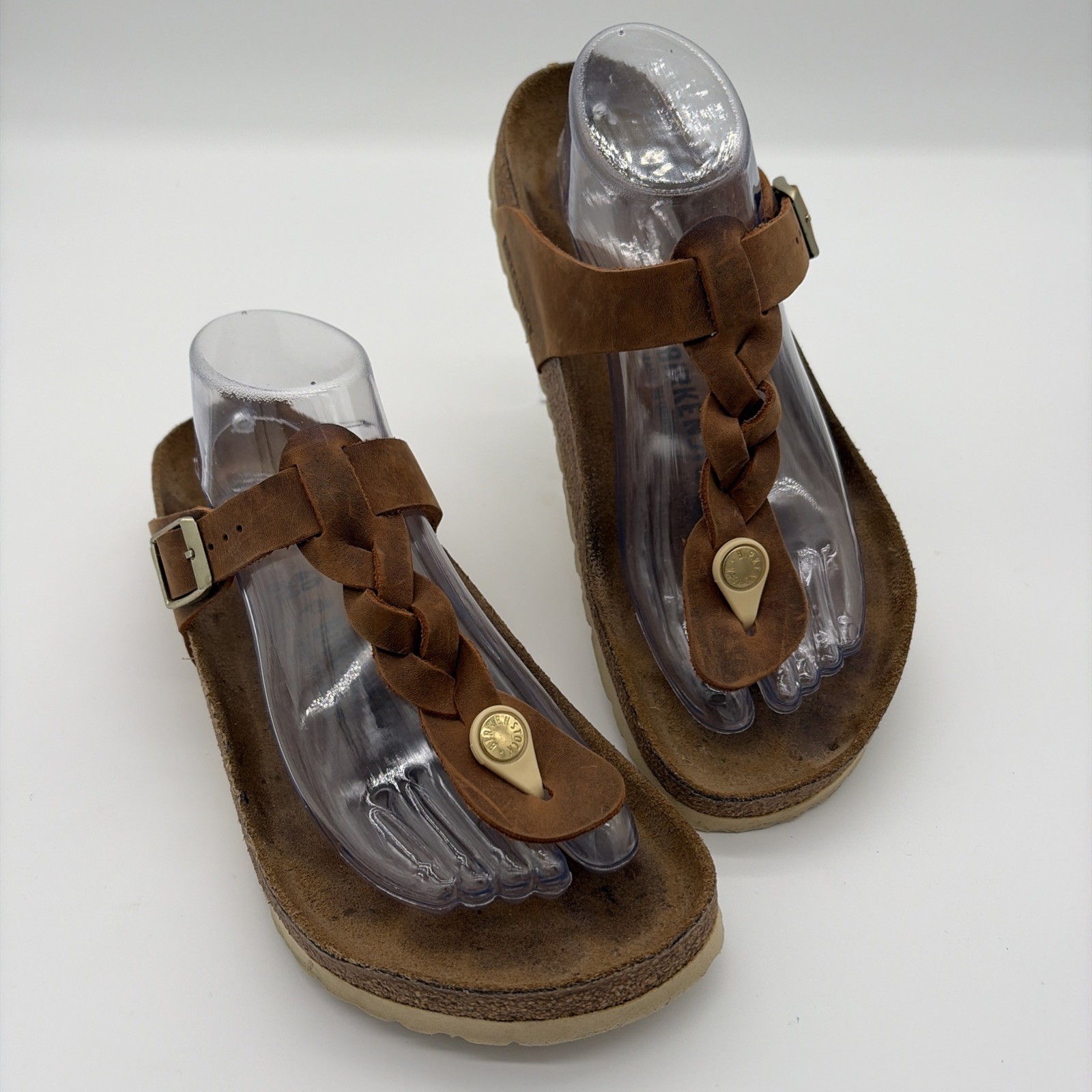 BIRKENSTOCK Gizeh Sandals SZ L9/M7 Braided Cognac Leather Strap Summer Comfort