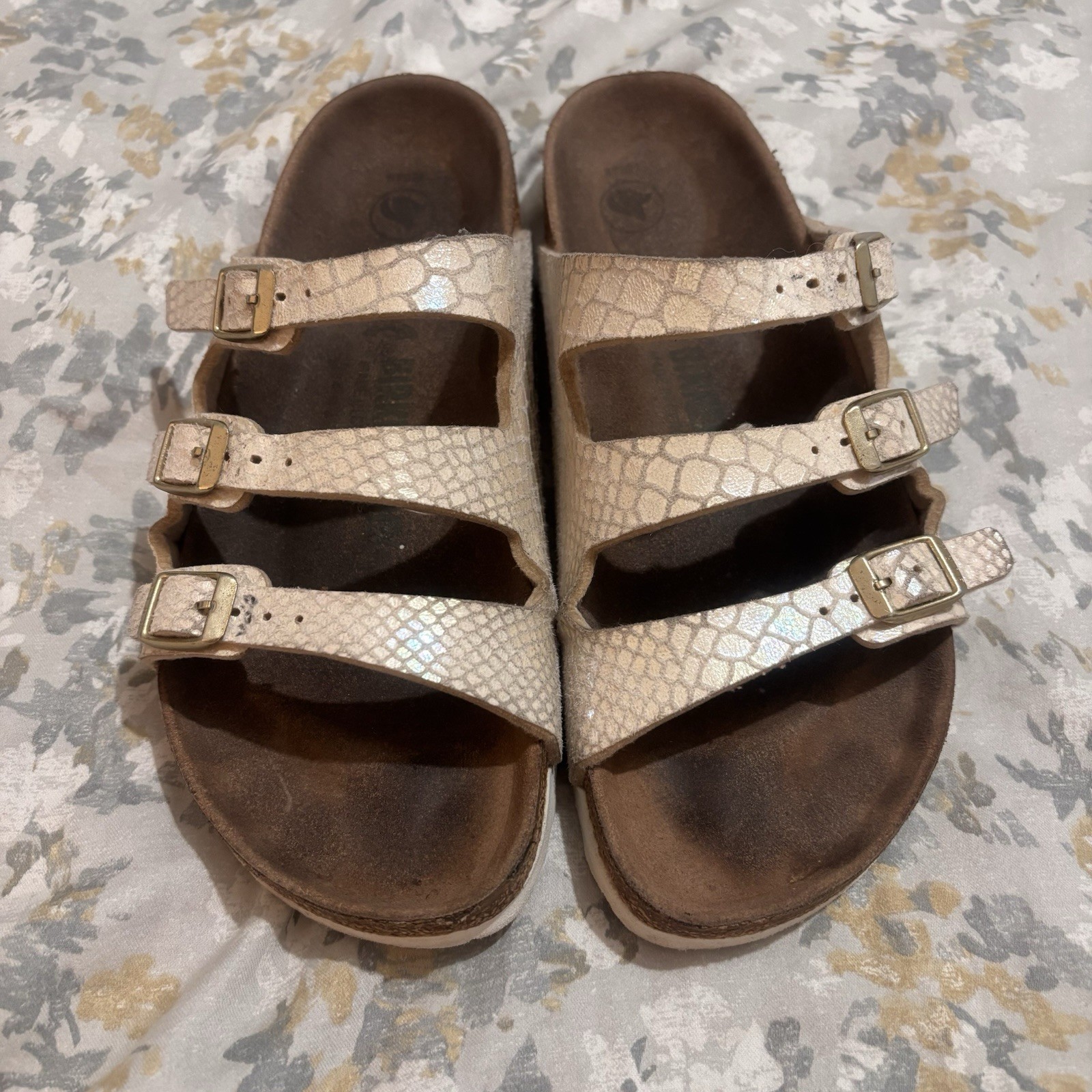 Birkenstock Florida Fresh Shiny Snake Gold Birko Flor Sandals Size 38 US 9