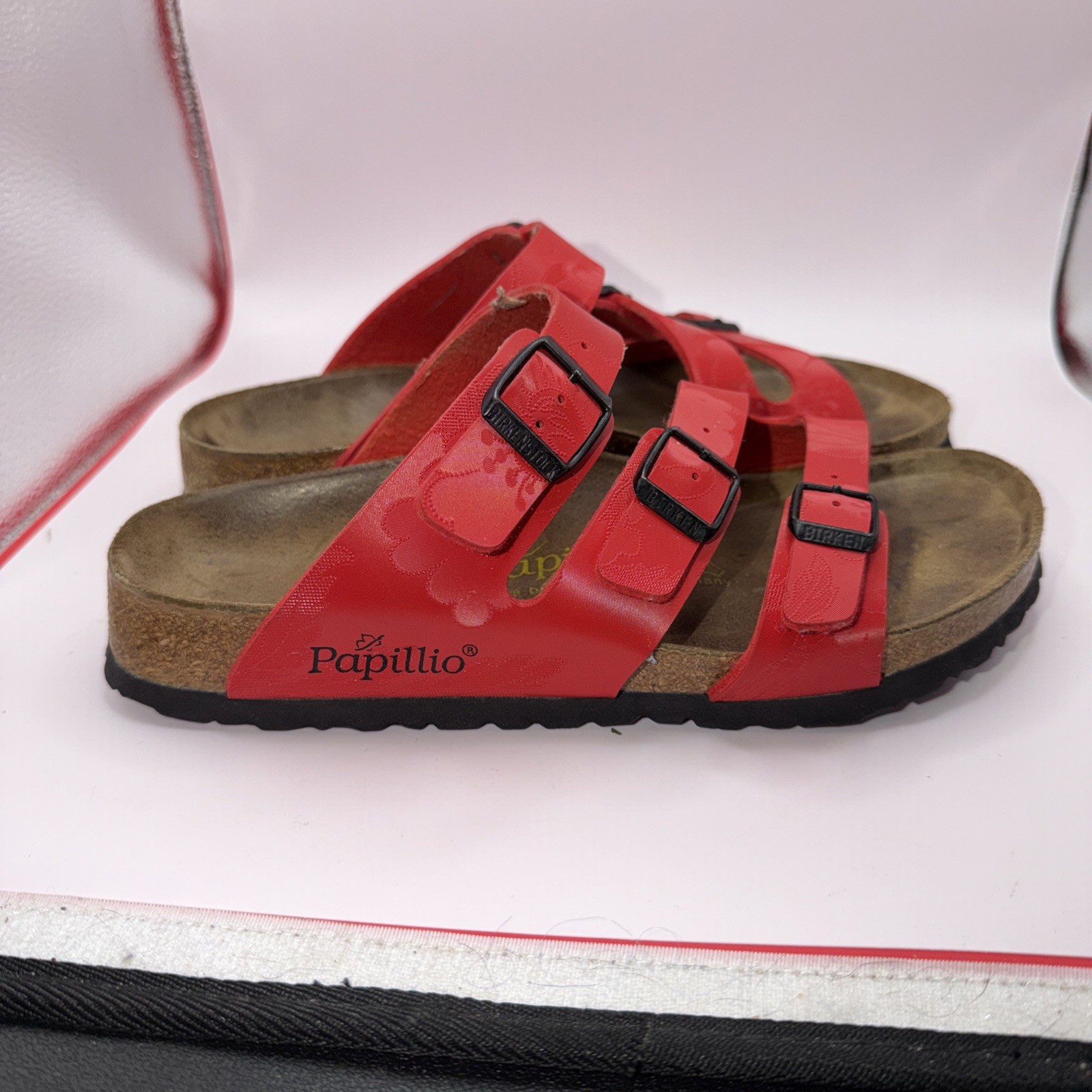 New NWoB Papillio by Birkenstock Florida Floral Red Slide Sandals 38 L 7 M 5