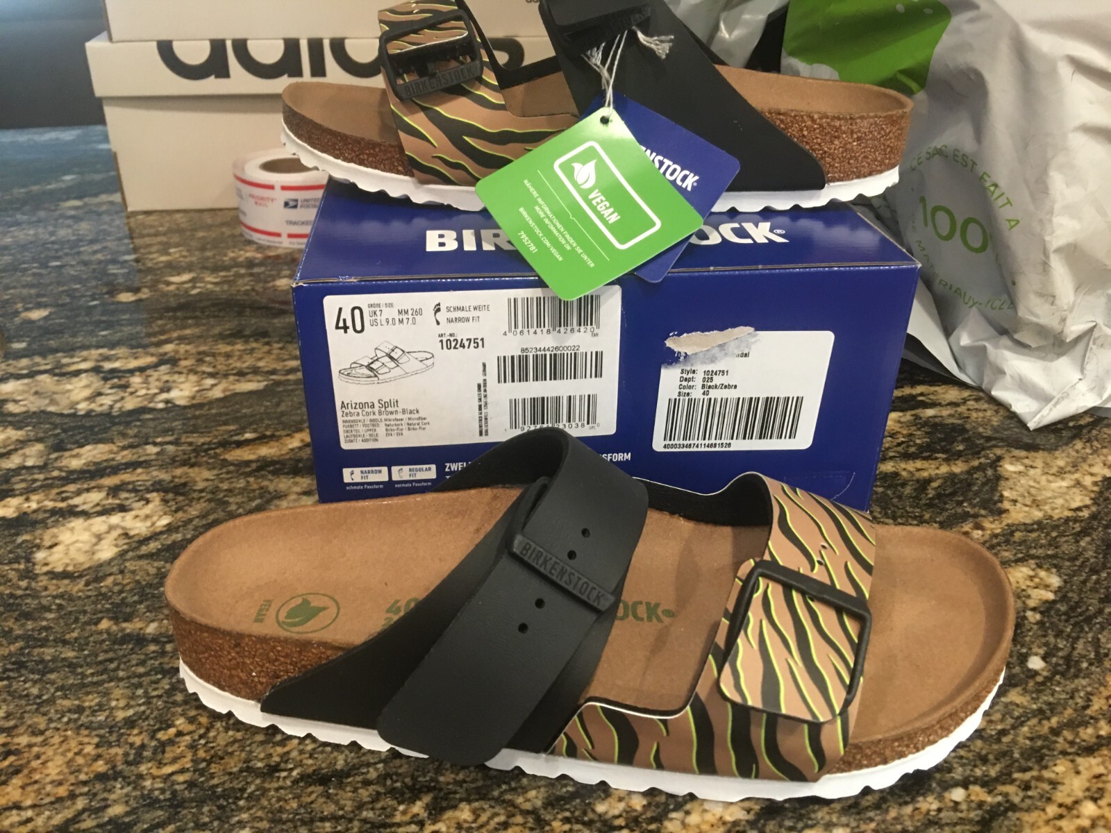 New Womens Birkenstock Arizona Split Zebra Cork Sandals, size 9 Narrow