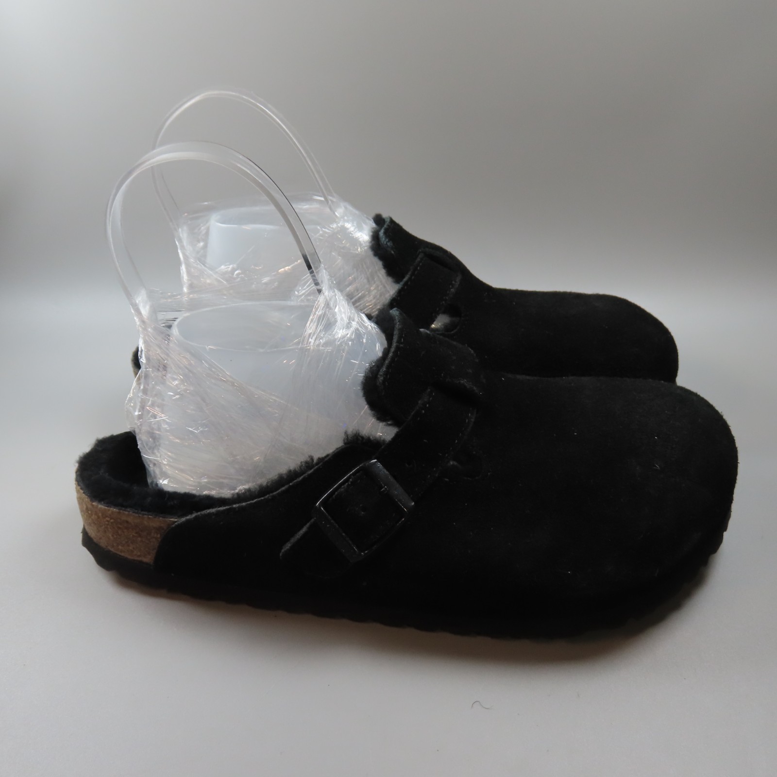 Birkenstock Boston Clogs Women Black Suede Shearling Lined Buckle Strap Size 9