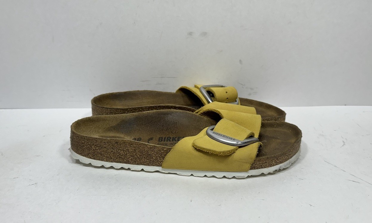 Birkenstock Madrid Big Buckle Yellow Nubuck Leather Sandals Slides Womens Sz 7 N