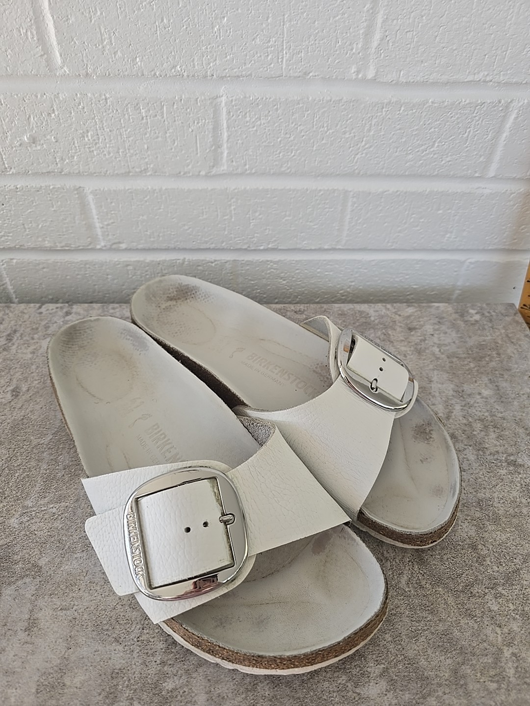 Birkenstock Madrid Big Buckle Slide Sandals Womens Size 10 White Leather Slip On