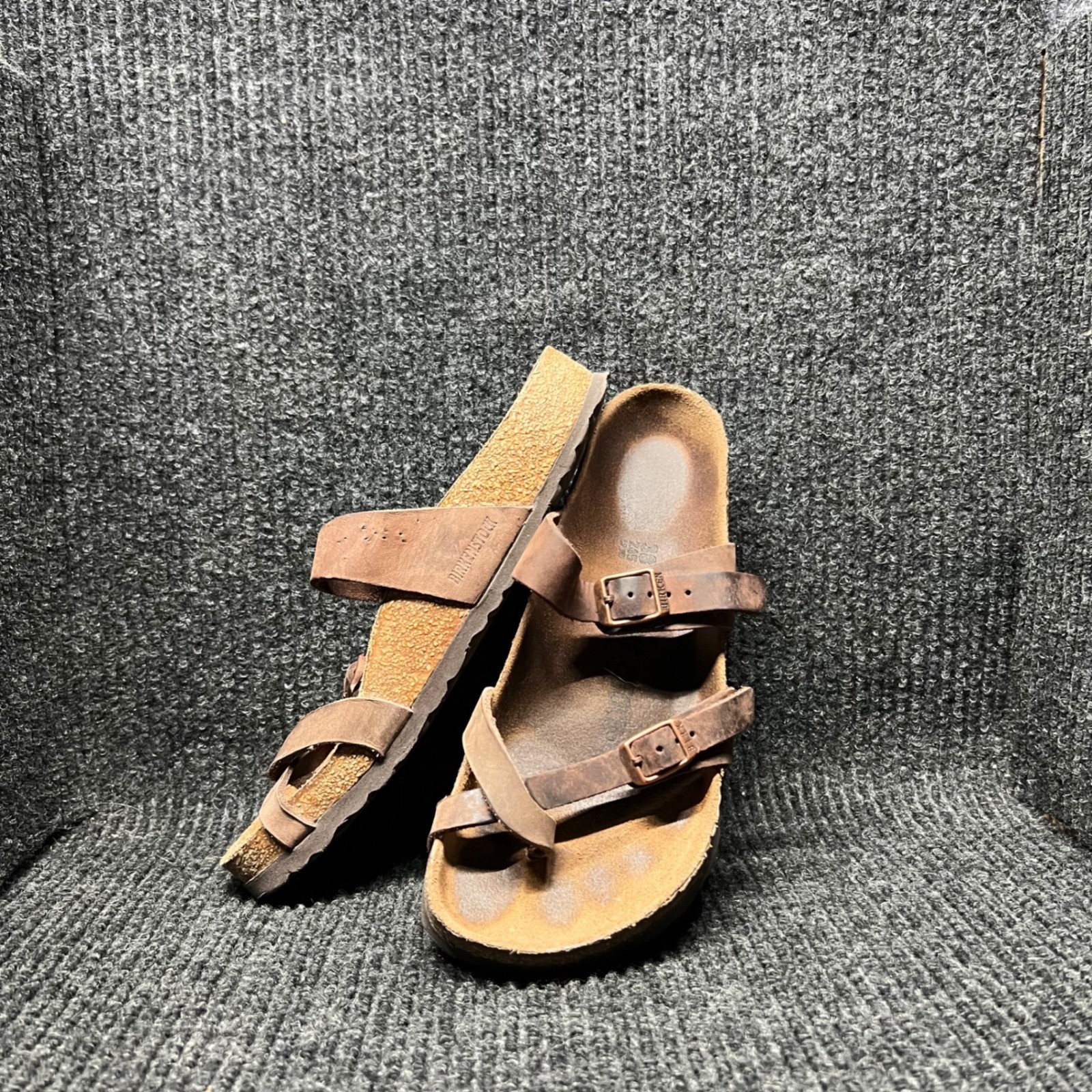 Birkenstock Mayari Sandals Womens Size 38 Brown Leather Strappy Cork Soles