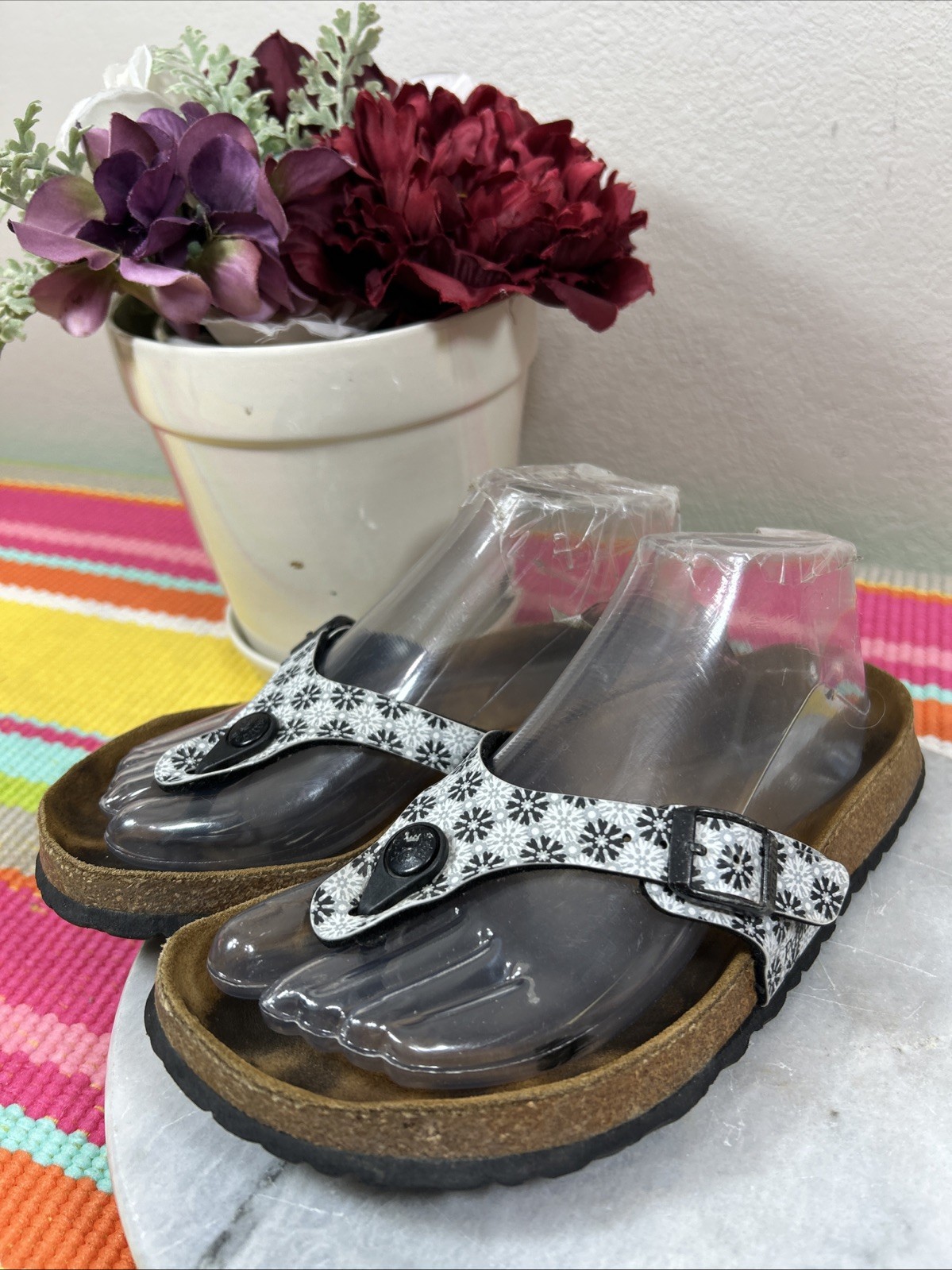 Birkenstock Papillio White Black Snowflake Leather Comfort Sandals Women’s US 7