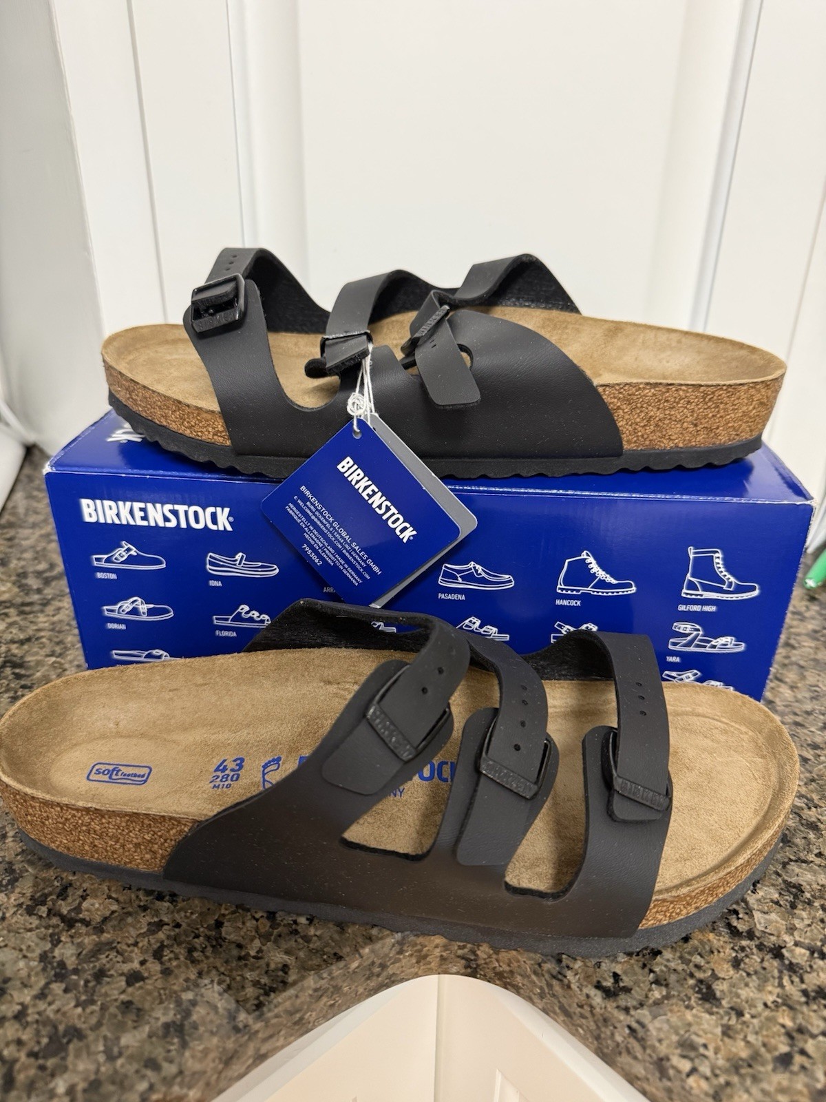 New In Box Birkenstock Florida Black EU 43 Men’s 10 Womens 12 Soft Footbed