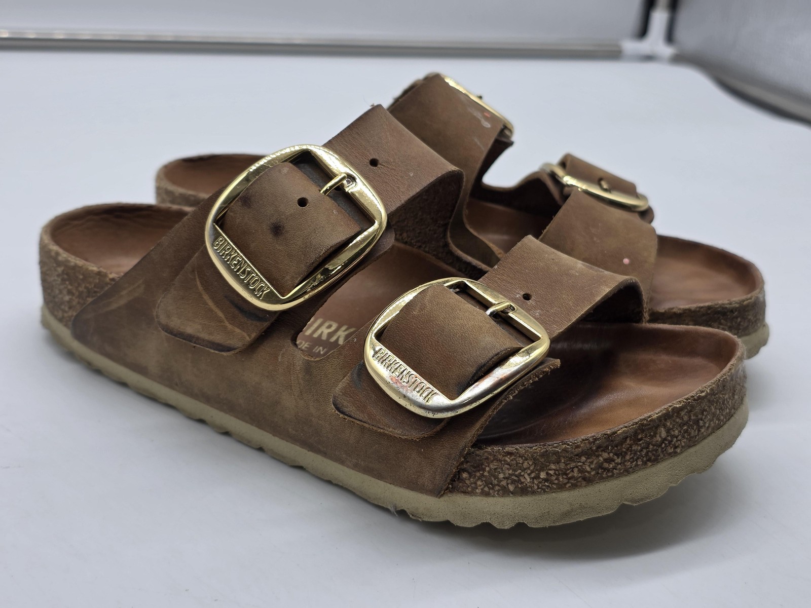 Birkenstock Arizona Big Buckle Sandals Womens 4.5 Brown Leather Slide Damage