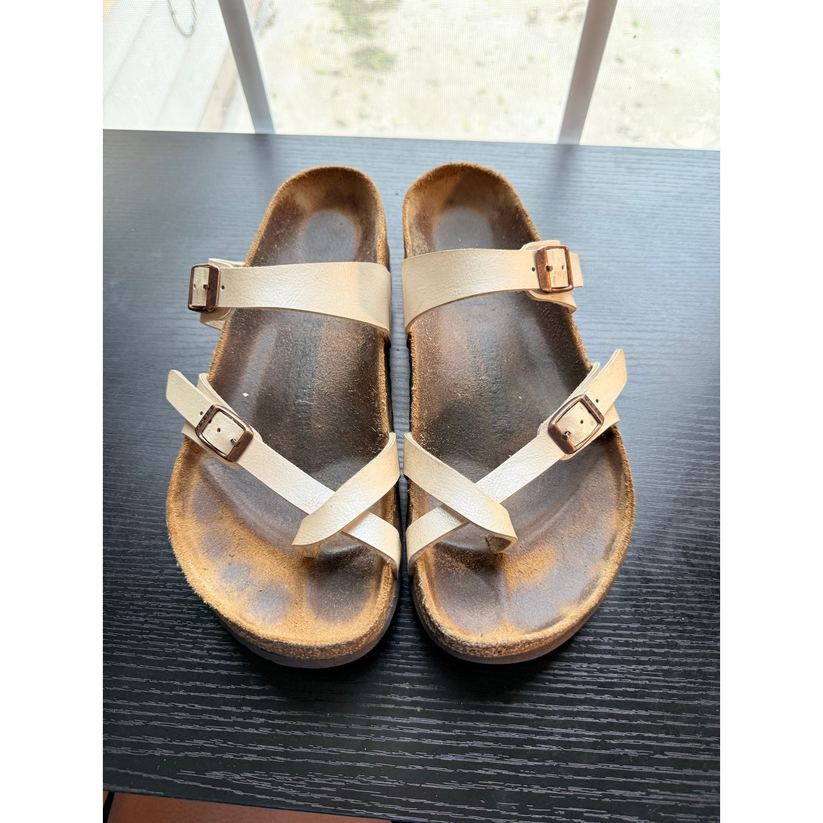 Birkenstock Mayari Sandals Size 40 US 9 Tan Beige Strappy Toe Loop Comfort Cork