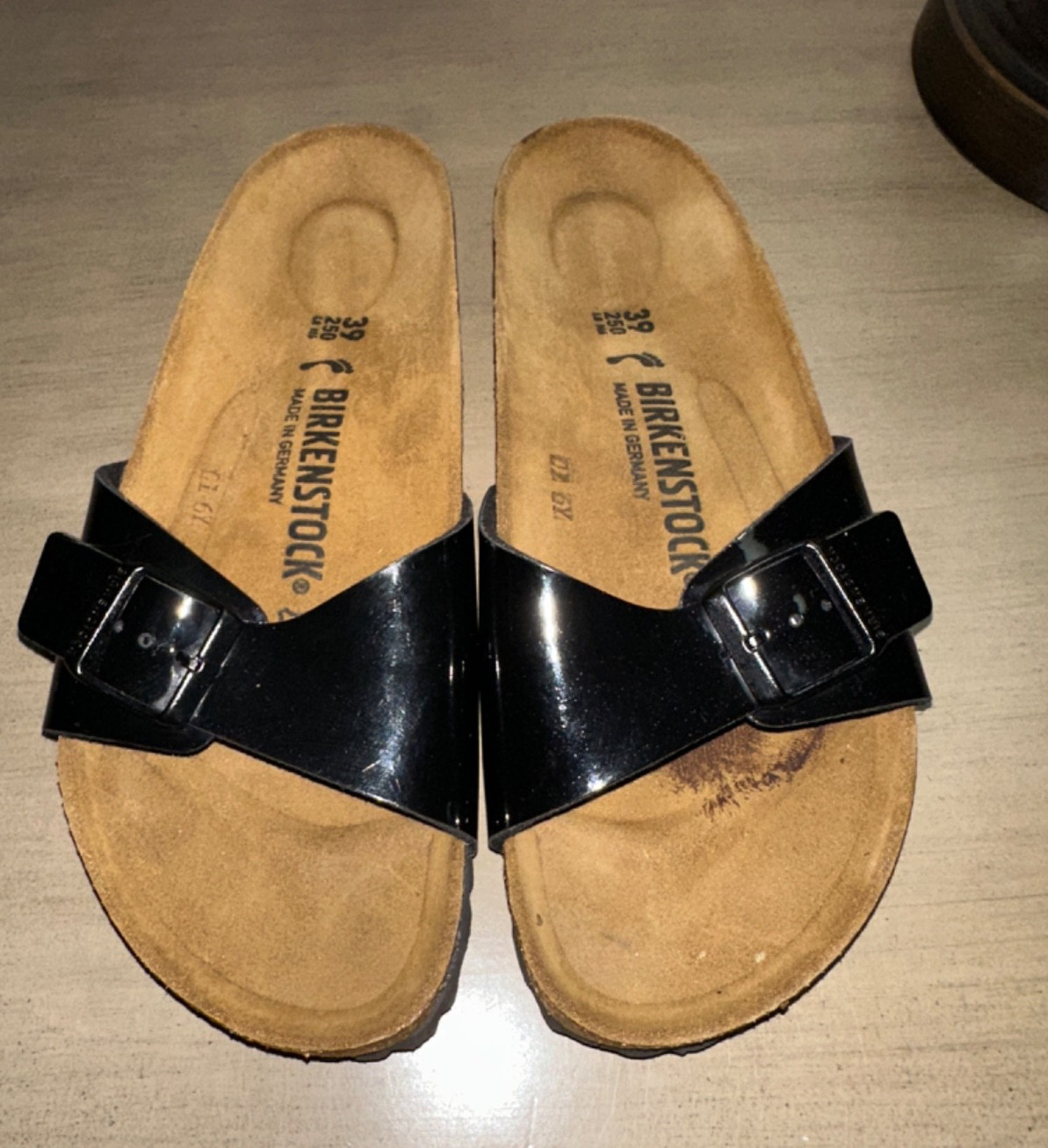 BIRKENSTOCK Madrid black patent Birko-Flor slides sandals 39 US 8 M/N EUC
