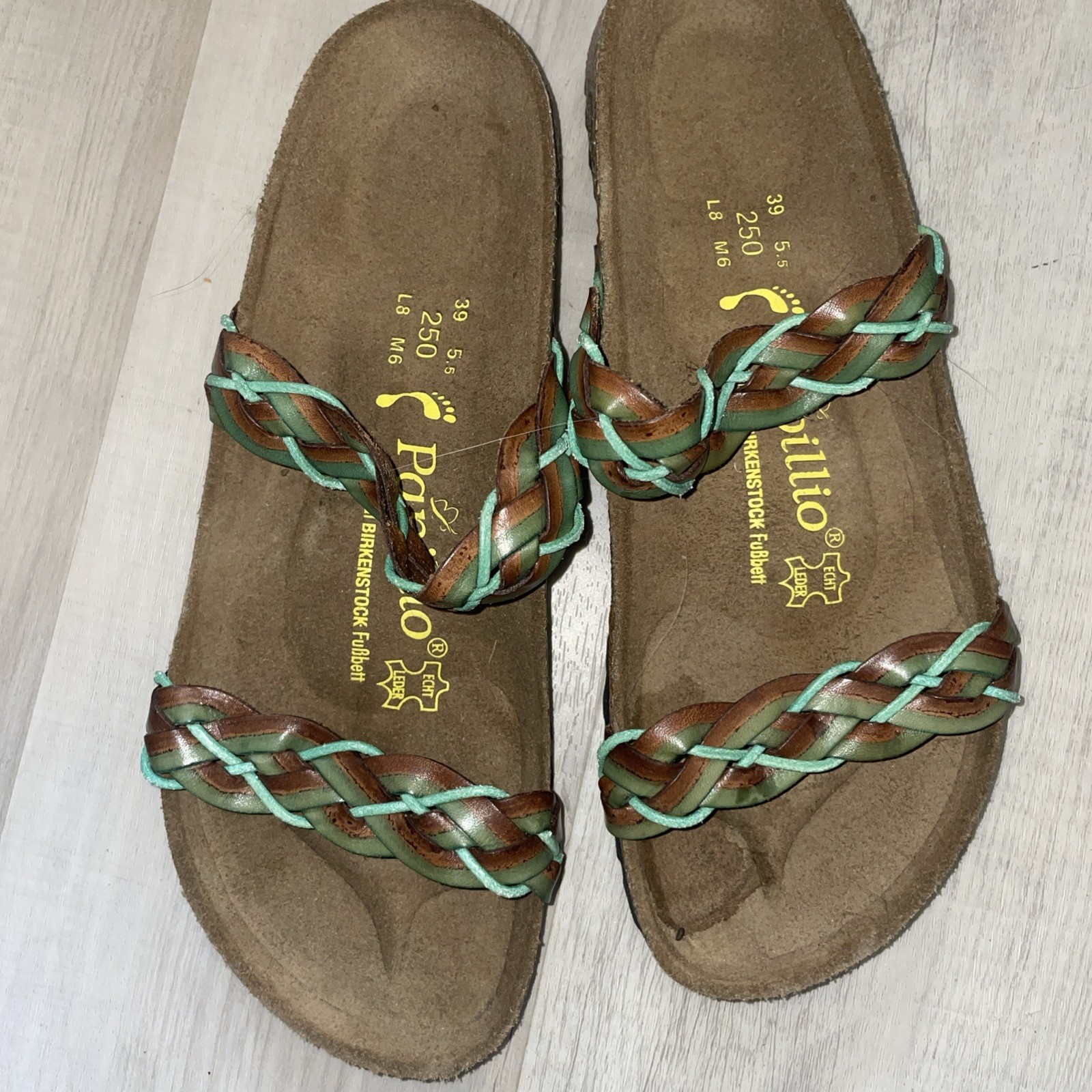 BIRKENSTOCK PAPILLIO Black Braided Two Strap Sandals Slip On size 8 teal/brown