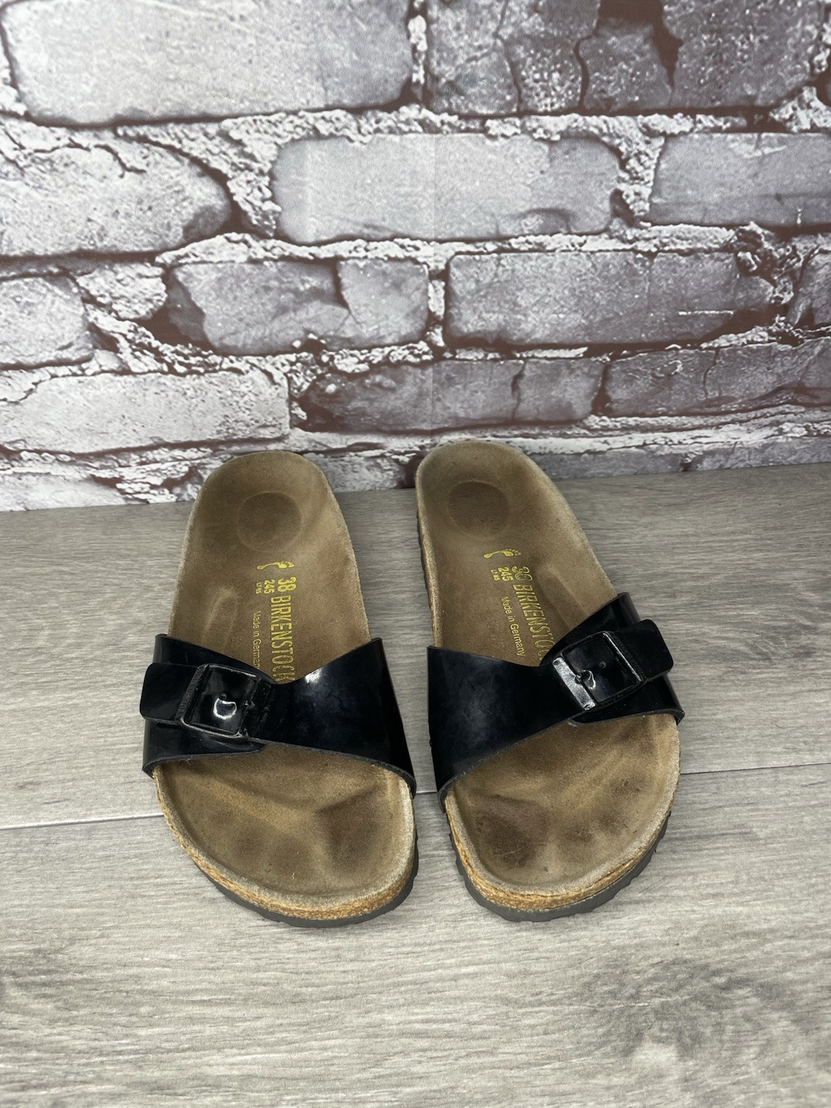 Birkenstock Madrid Black Patent Leather Cork Slide Sandals Women Sz 38EU/7.5M US