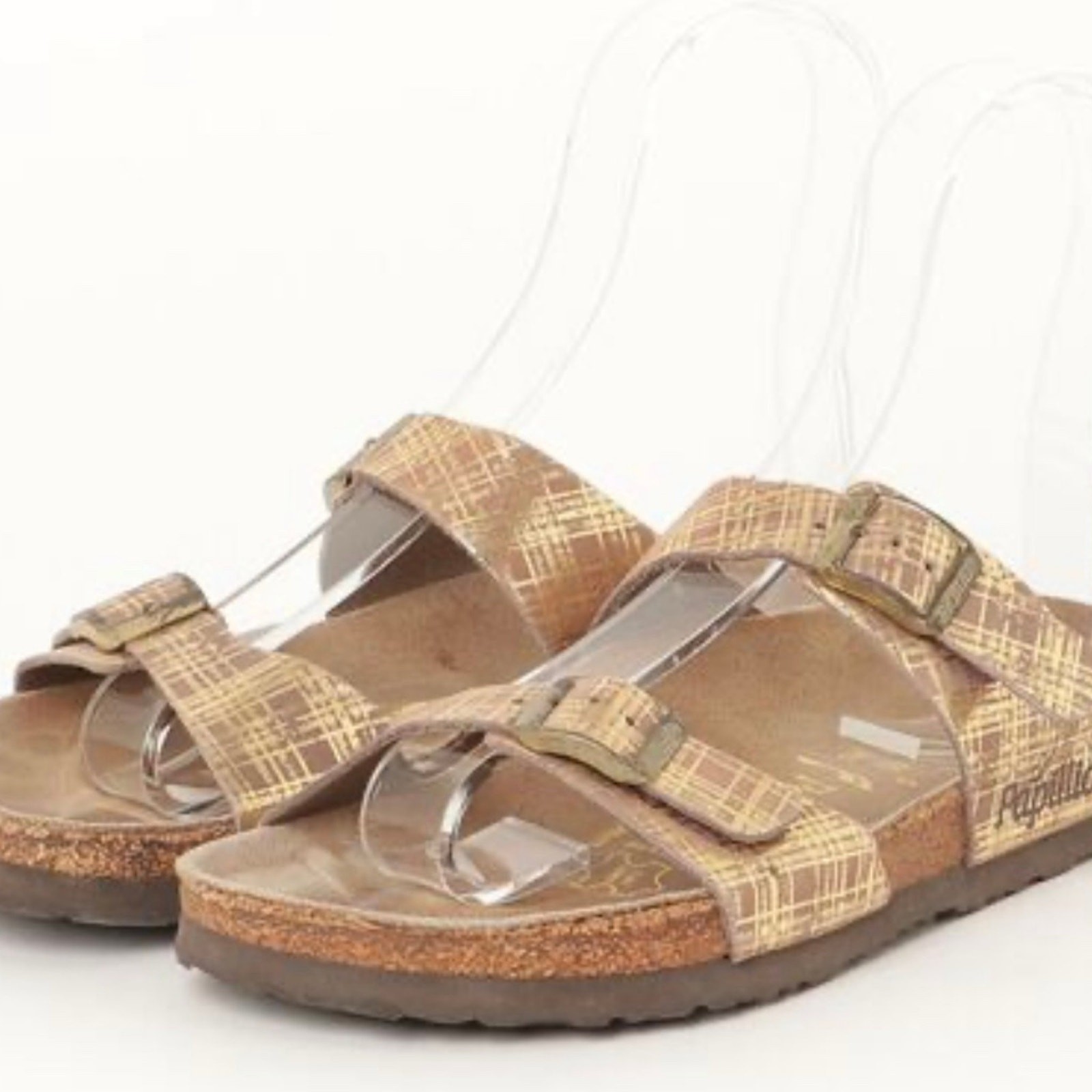 Birkenstock Papillio Sydney Gold Brown Plaid Leather Size 38/7
