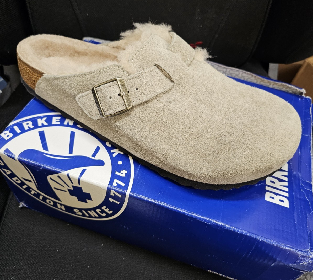 Birkenstock Boston Shearling Clog Men’s Size 12 Taupe Suede Slip On Casual Mule