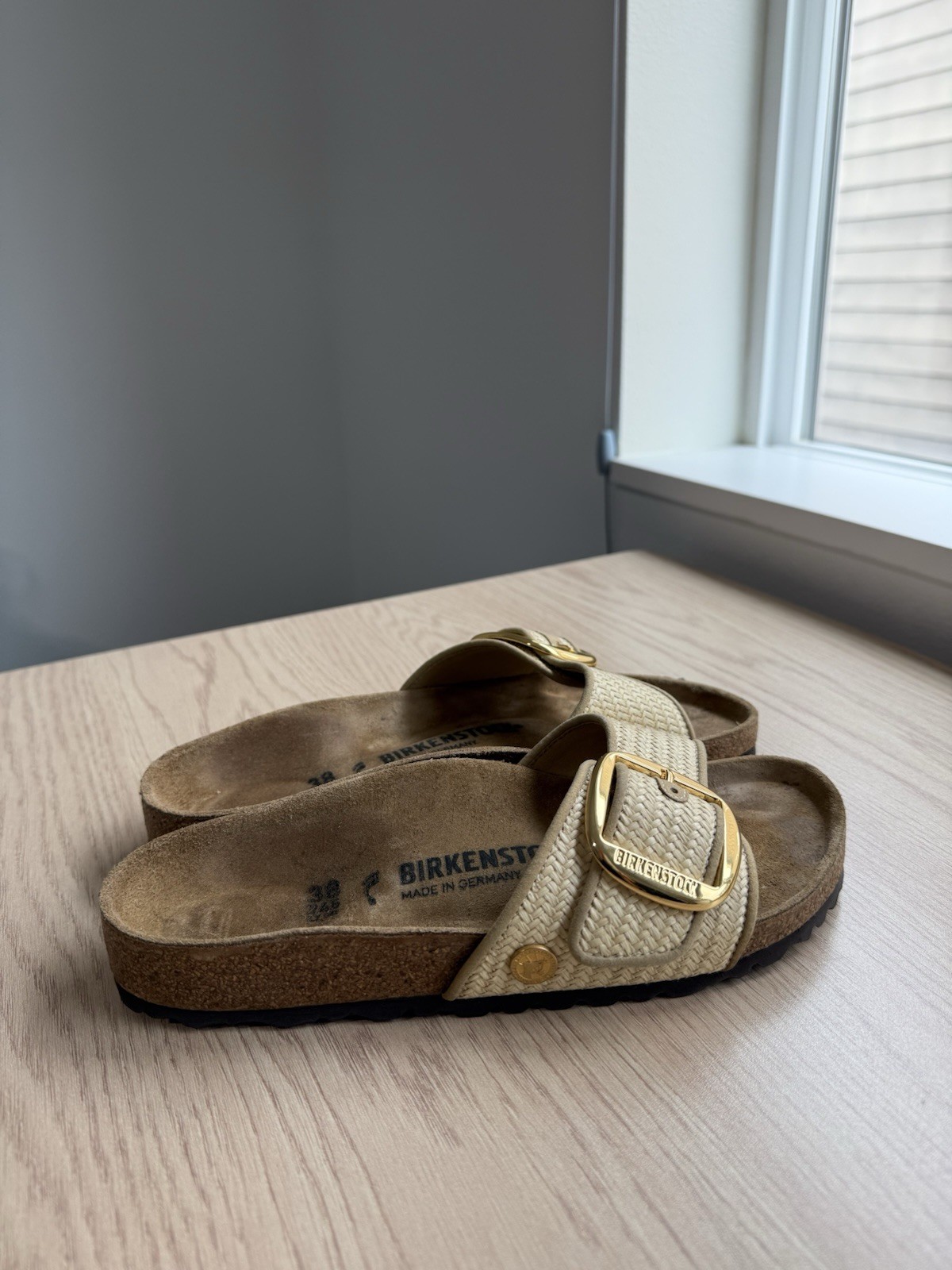 Birkenstock Madrid Big Buckle Woven Sandals – Raffia Textile – Size 38 – Germany
