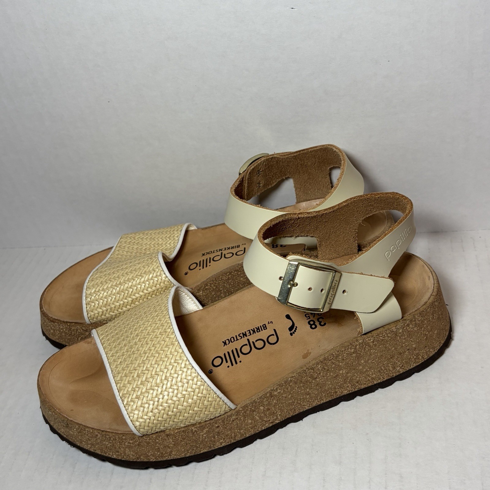 Birkenstock Papillio Glenda Sandals Size 38 Platform Wedge Raffia/Leather