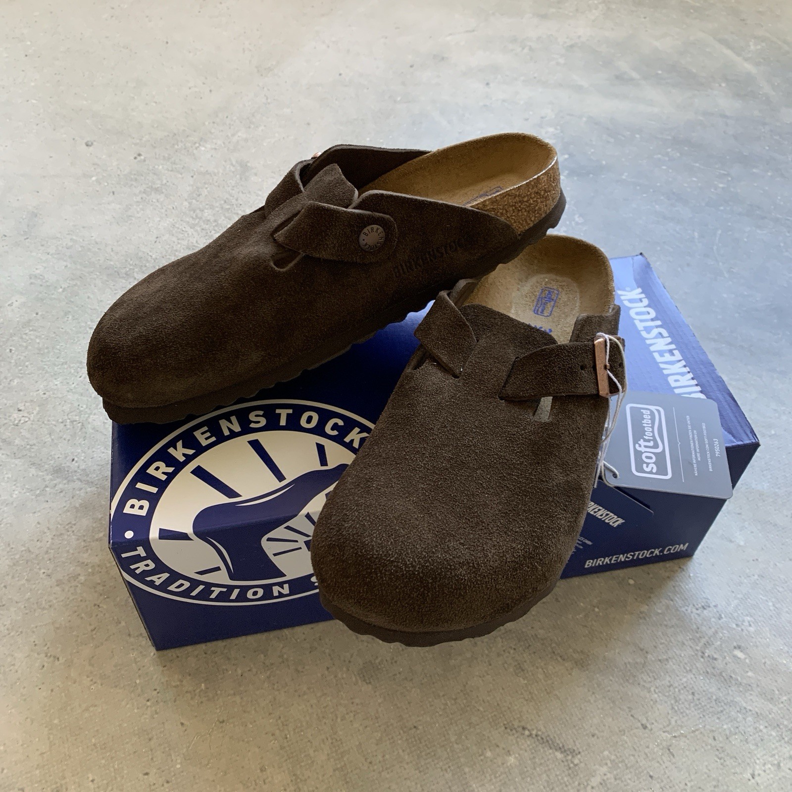 BIRKENSTOCK BOSTON MOCHA TAUPE SOFT FOOTBED SUEDE CLOGS WOMEN’S SIZE US 6 EU 37