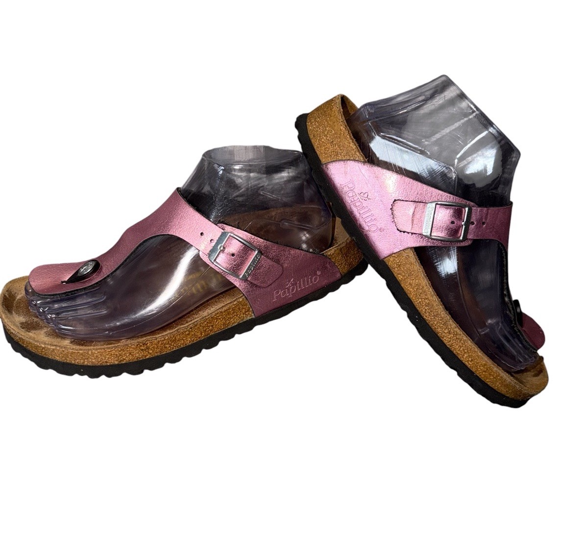 BIRKENSTOCK PAPILLIO THONG SANDALS WOMENS METALLIC PINK LEATHER BUCKLE SIDE SZ38