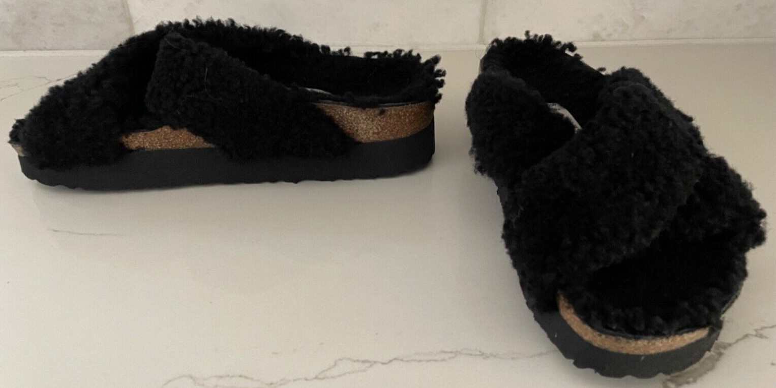NWOB BIRKENSTOCK PAPILLIO Daytona Teddy Platform Sandal BLACK US 7 EU 38