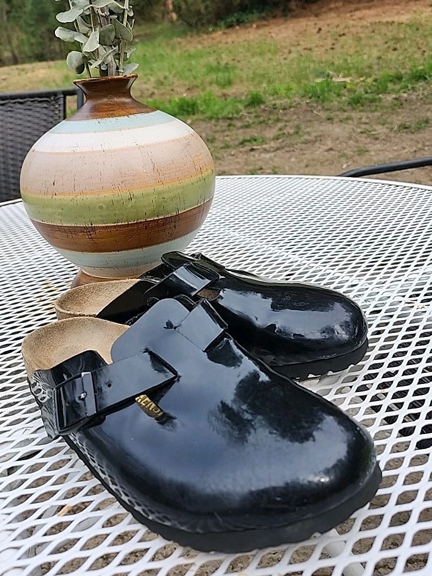 Birkenstock Boston hex black patent leather Slide Sandals 38 Narrow  (7.5)  NN