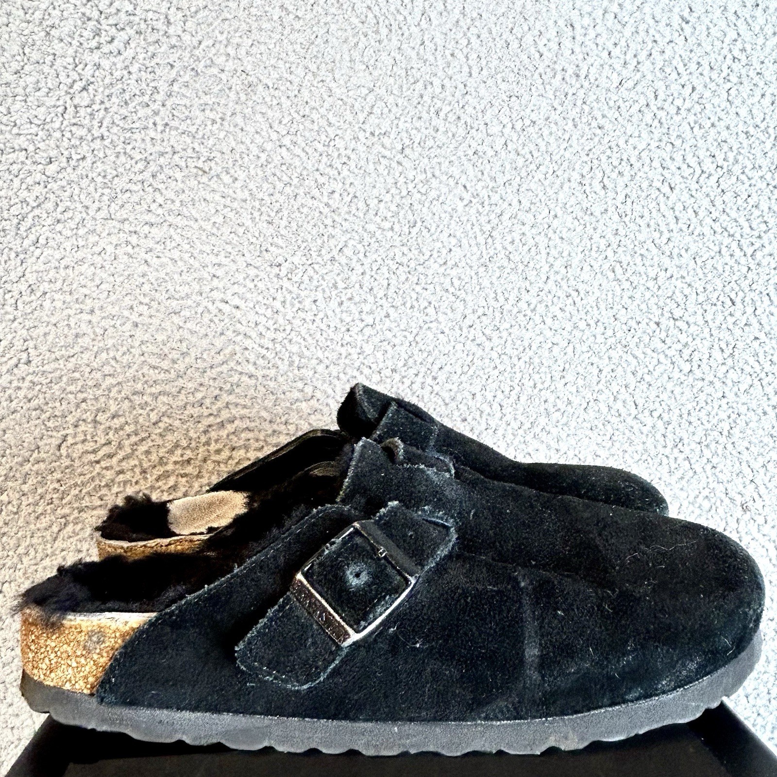 Birkenstock Boston Shearling Black Suede Clogs Mules Size 38 Womens  7