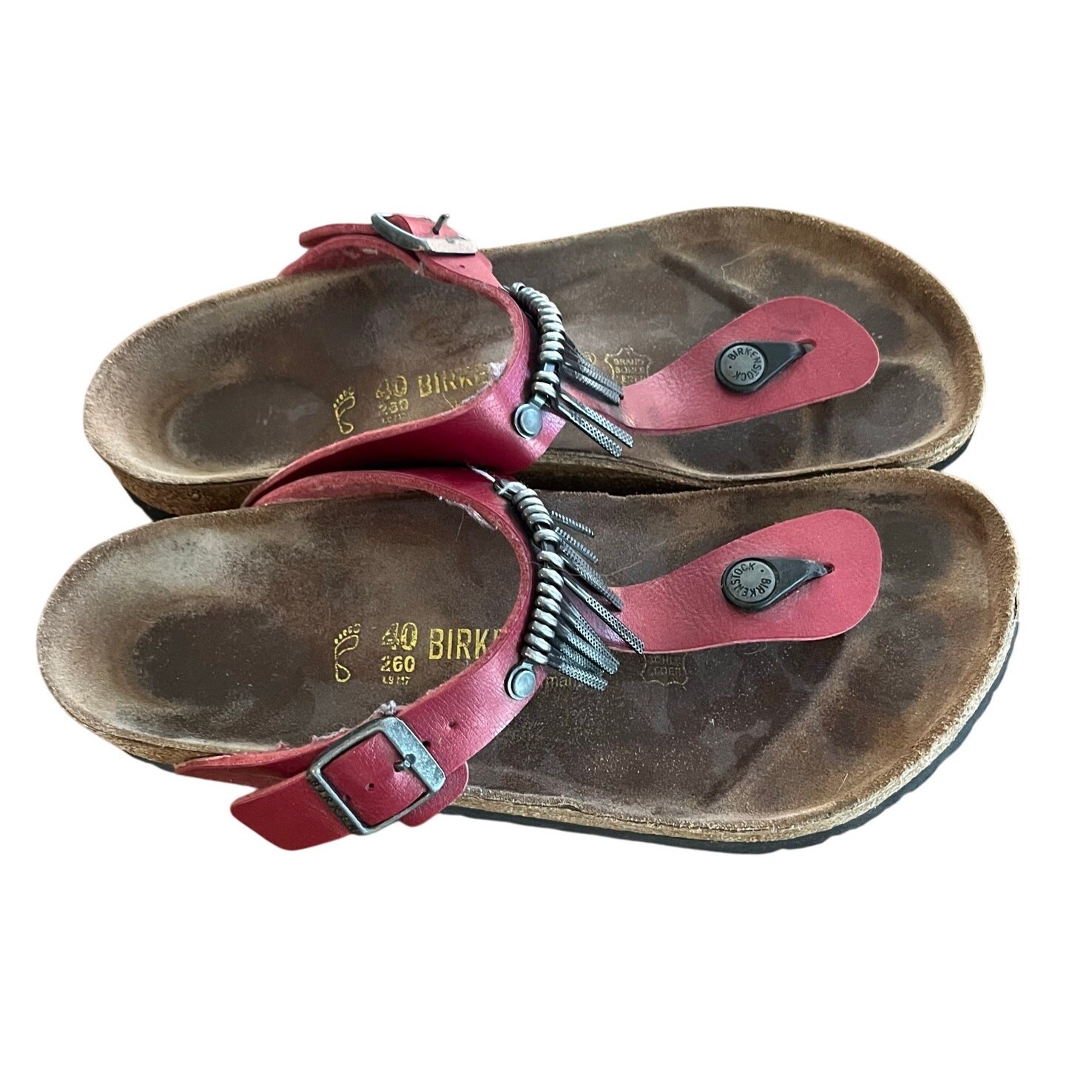 Rare Birkenstock Gizeh Sandals Dark Red Leather with Metal Accents Size 40