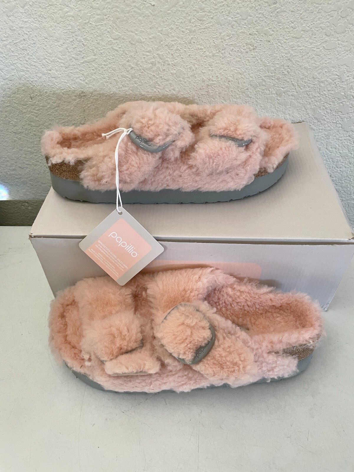 NEW Birkenstock Papillio Arizona Big Buckle Shearling Slides Teddy Crystal Rose