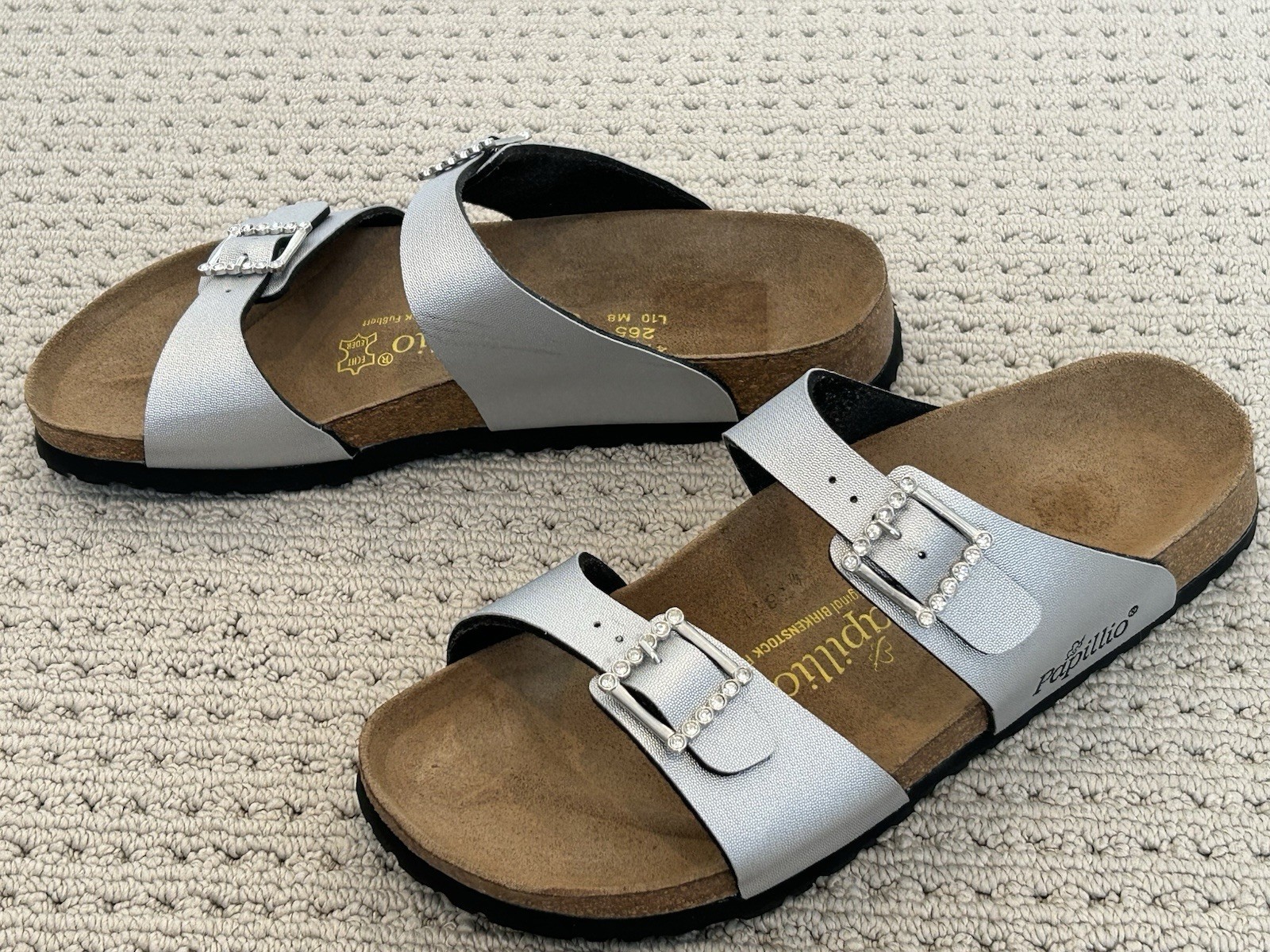WOMENS BIRKENSTOCK PAPILLIO ARIZONA SILVER RHINESTONE BUCKLE SANDALS SZ 10 NEW!