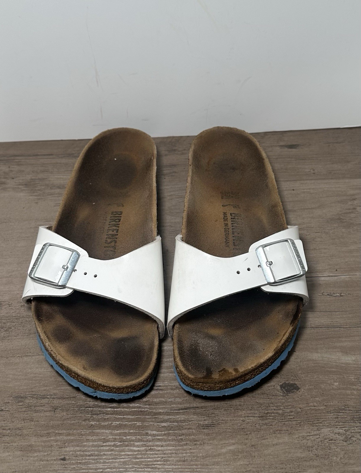 Birkenstock Madrid White Single Strap Blue Birko Flor Blue Bottoms Size 39 US 8